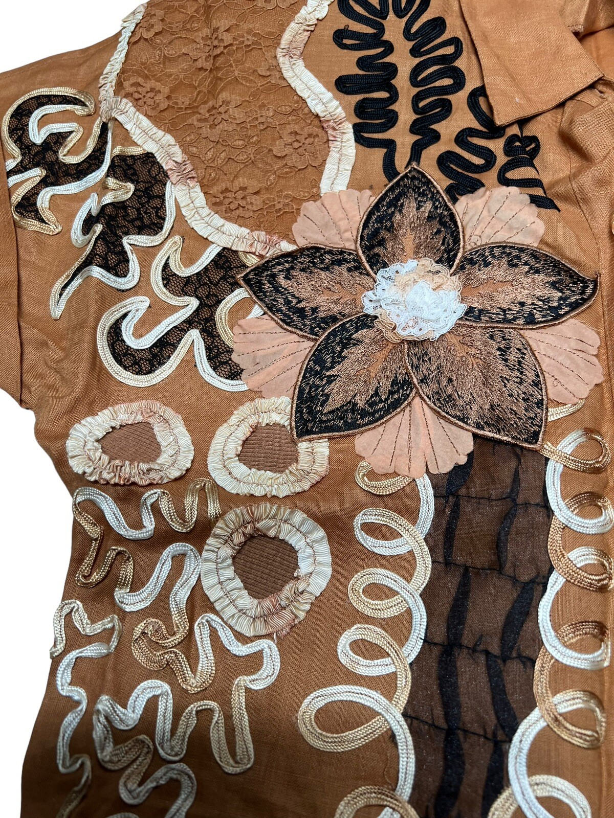 Vtg NOS Anne French Artsy Art to Wear Embellished 100% Ramie Blouse SZ 8 Brown