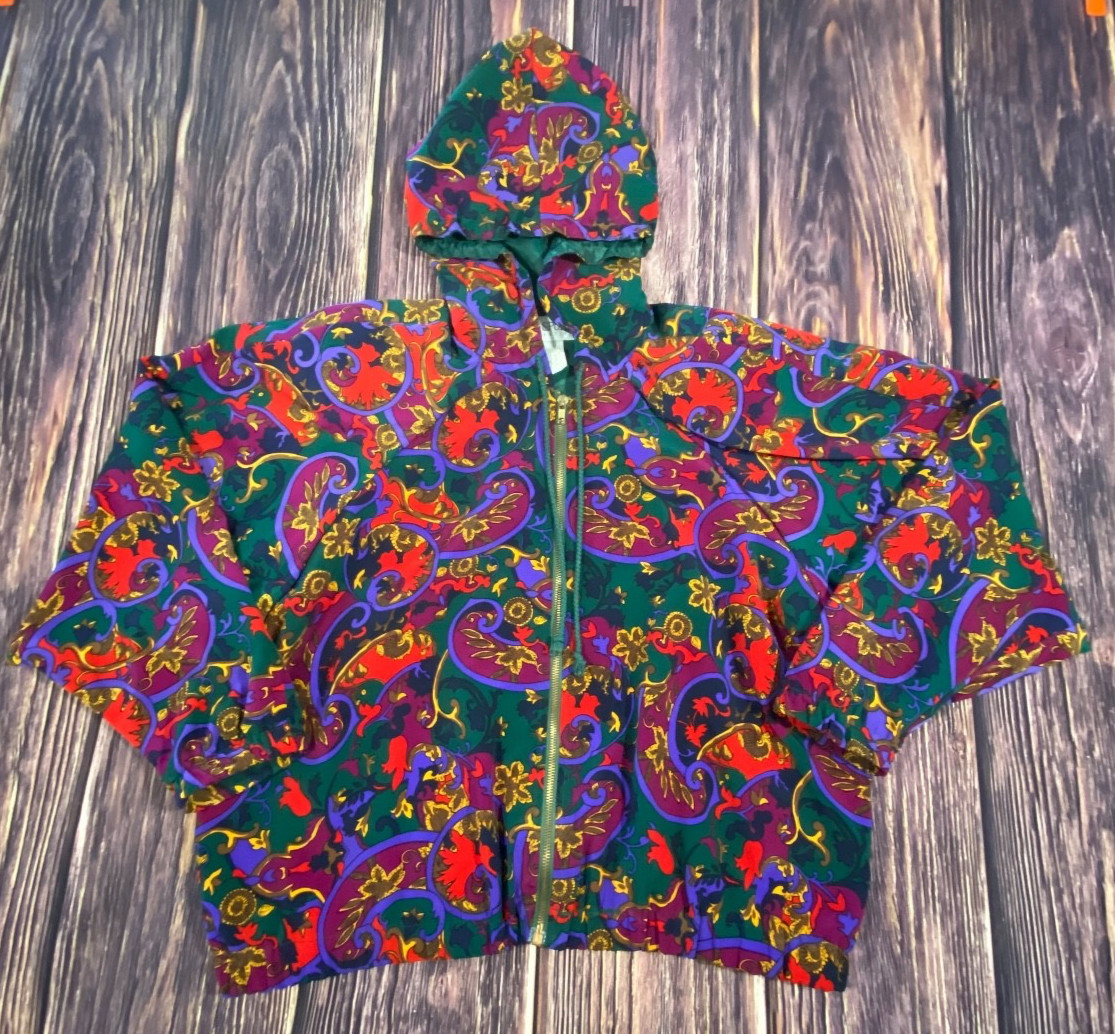 VTG 90s SG Sport Bold Colorful Filigree Satin Hooded Windbreaker Women’s S 6/8