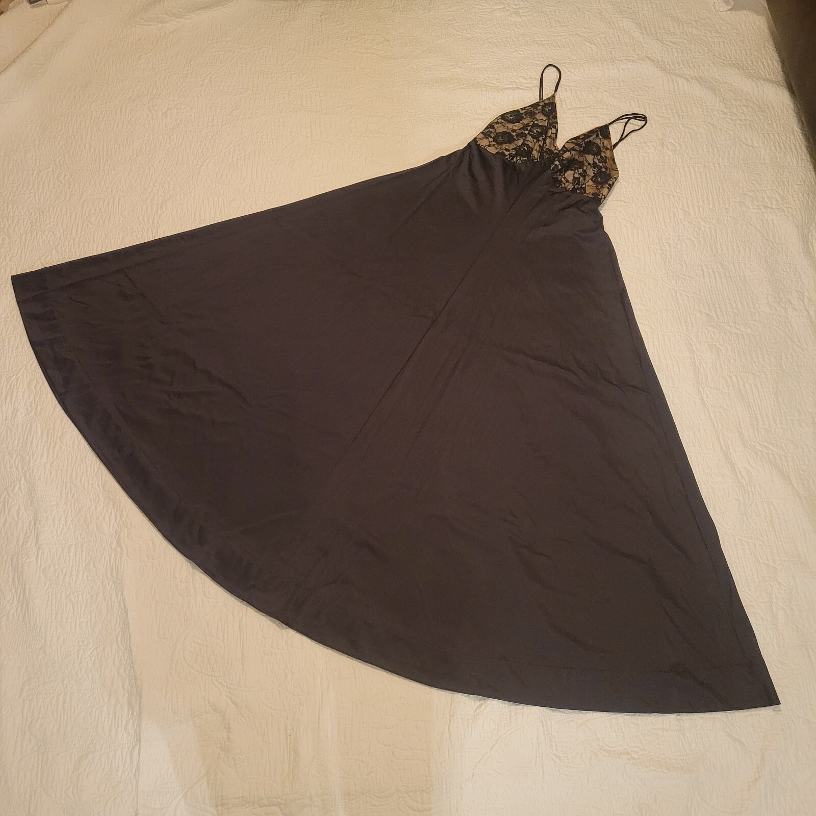 Vintage Black Satin Lace Trim Maxi Slip Dress Nightgown Multi-Strap Back V-Neck