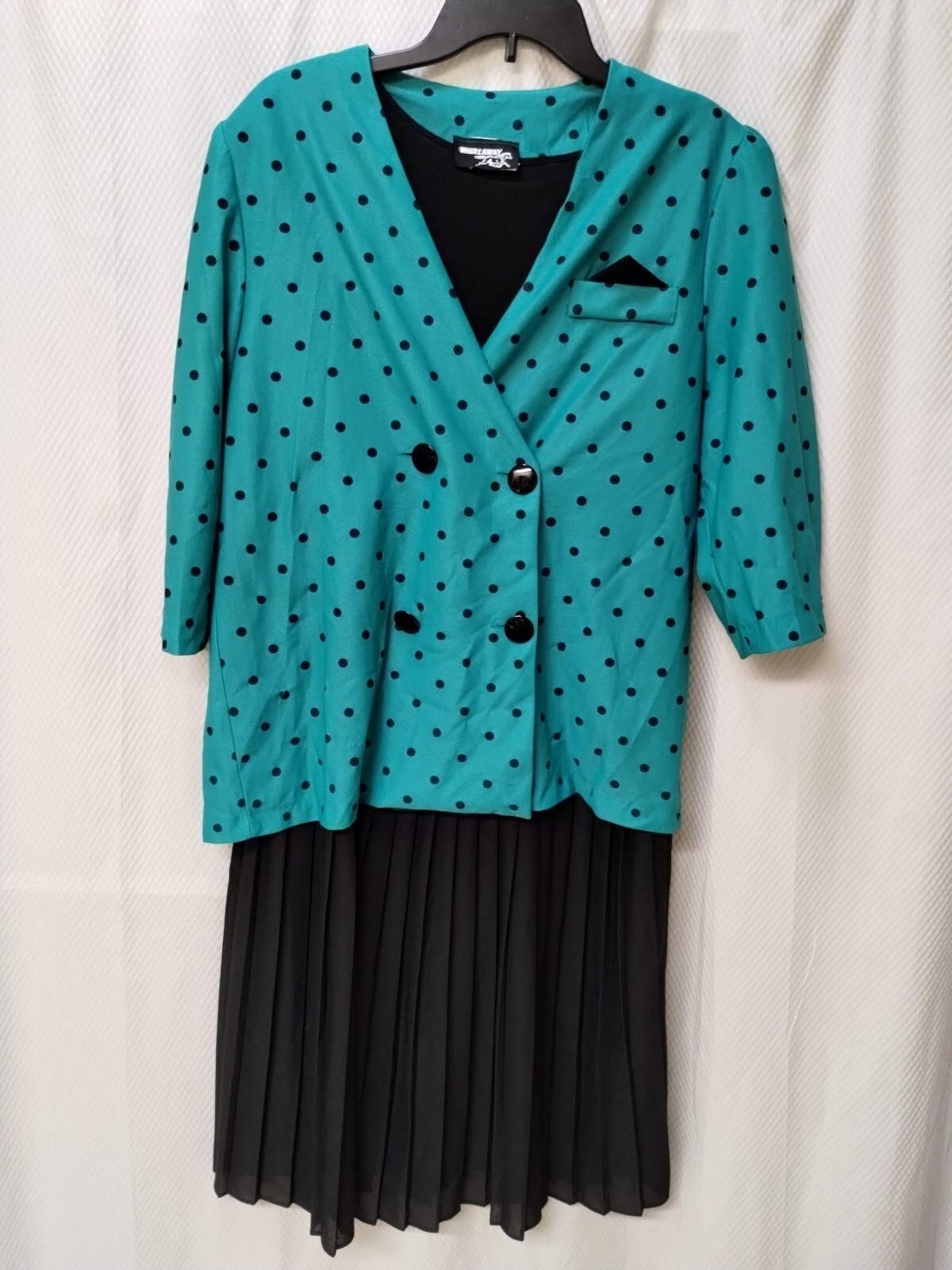 Vtg 80s Whirlaway Green & Black Polka Dot 1pc Layered Jacket Dress Pleated Sz 14