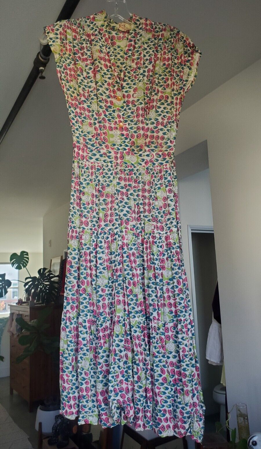 Vintage 40s R & K KNITS Rayon Pink Teal Floral Dress Tiered Ruching ART DECO XS