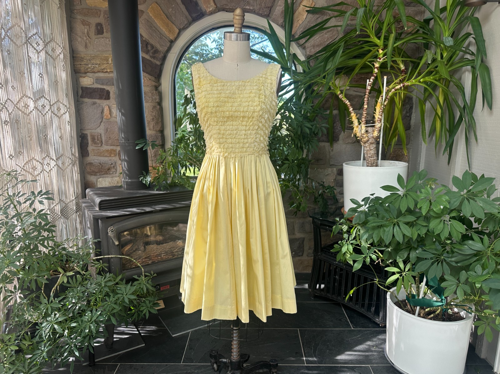 Vintage 1950s Yellow Cotton and Lace Rockabilly Dress Wendy Woods
