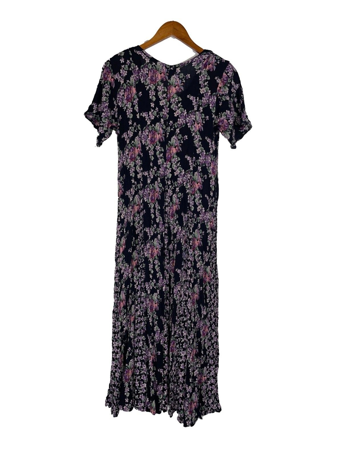 Vintage Rayon Floral Maxi Dress Black Pink Purple Size L Broadway Star