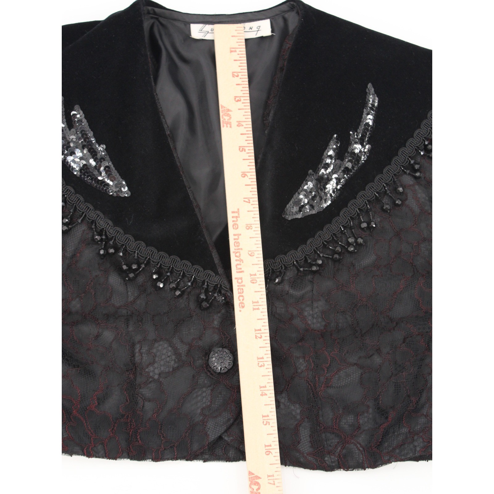 Sue Wong Bolero Jacket Medium Black Burgundy Lace Velvet Sequin Beaded Fringe