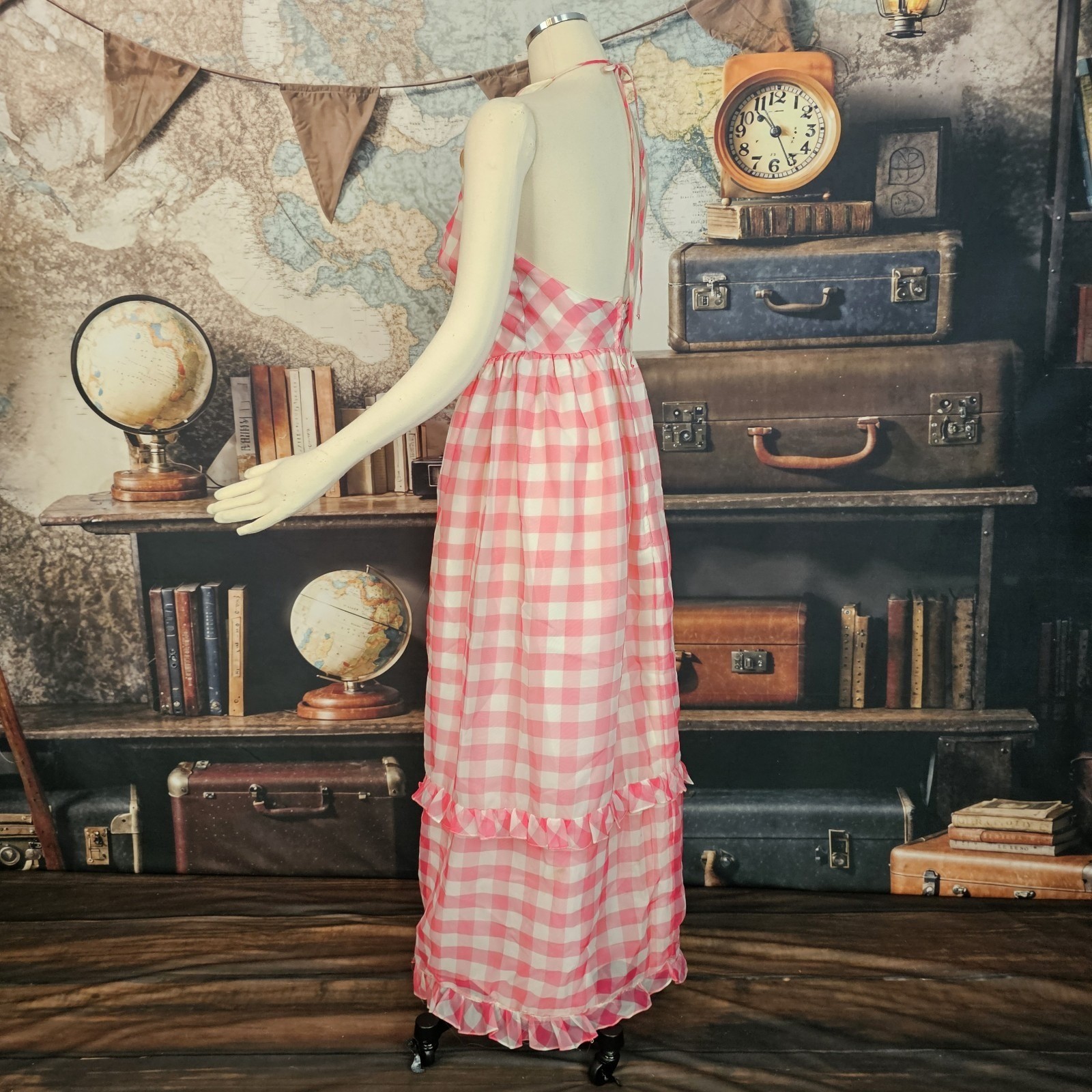 Vintage 1970s Maxi Dress Sundress Pink and White Gingam Check Ruffled V-Neck