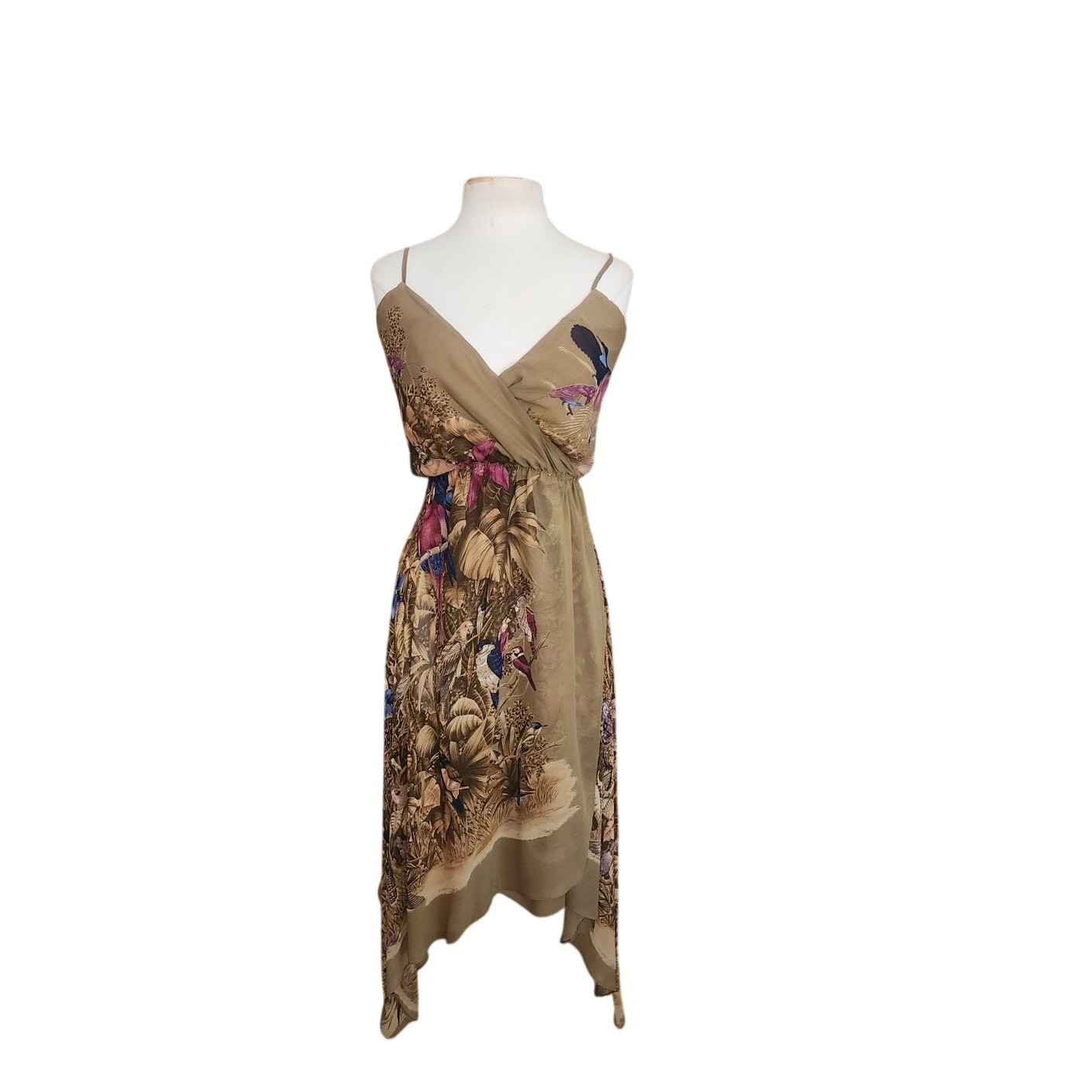VTG 1970s Gianni Versace RARE Dress Silk Tropical Parrot Print Spaghetti Straps