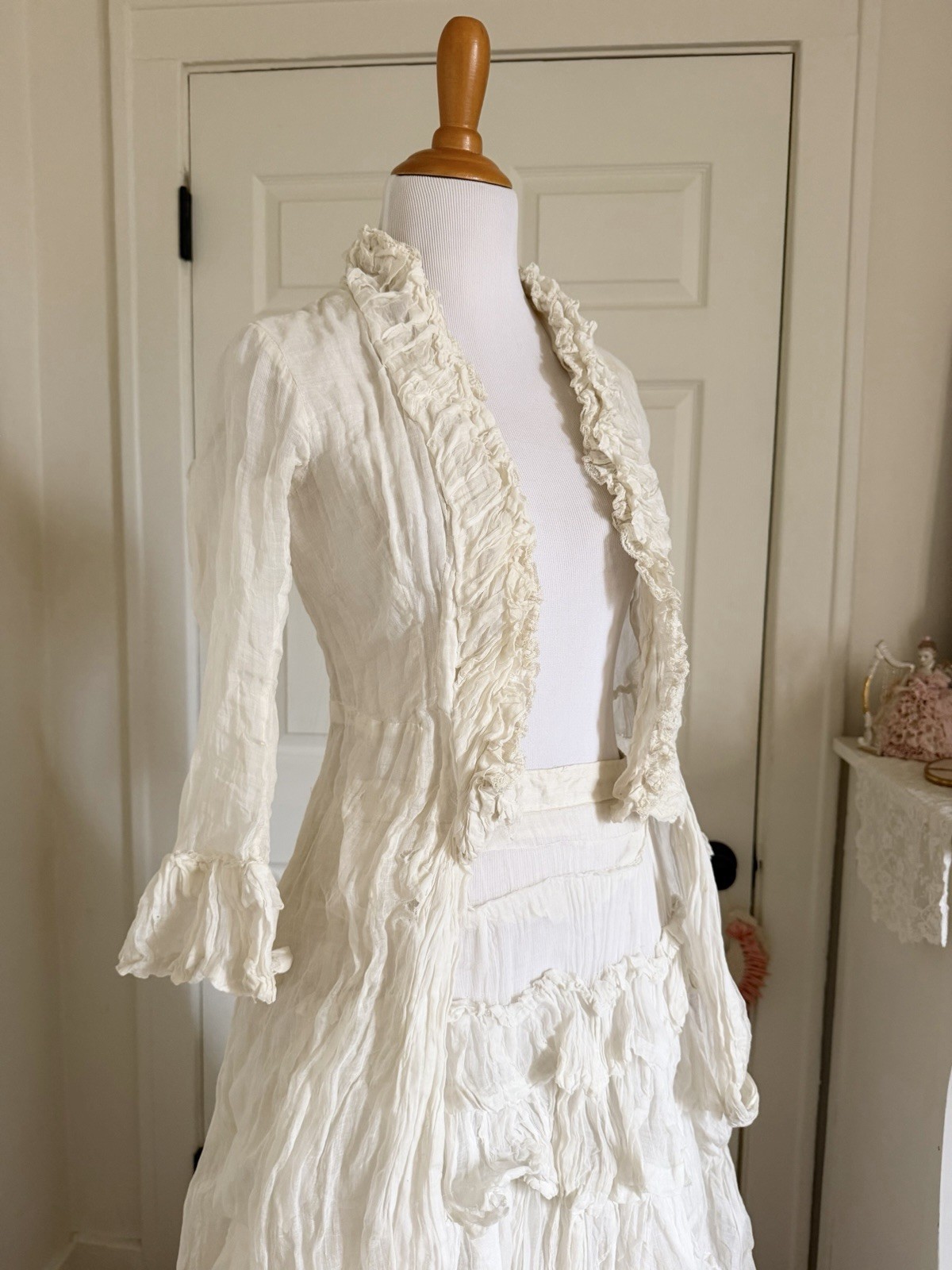 Antique 1880s Victorian White Bustle Ensemble with Jacket Bodice & Ruffle Skirt