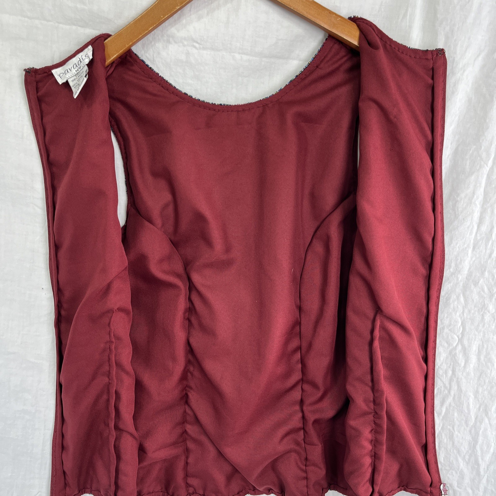Vintage Paradise NY Beaded Velvet Floral Sleeveless Top Maroon Zip Size Small S