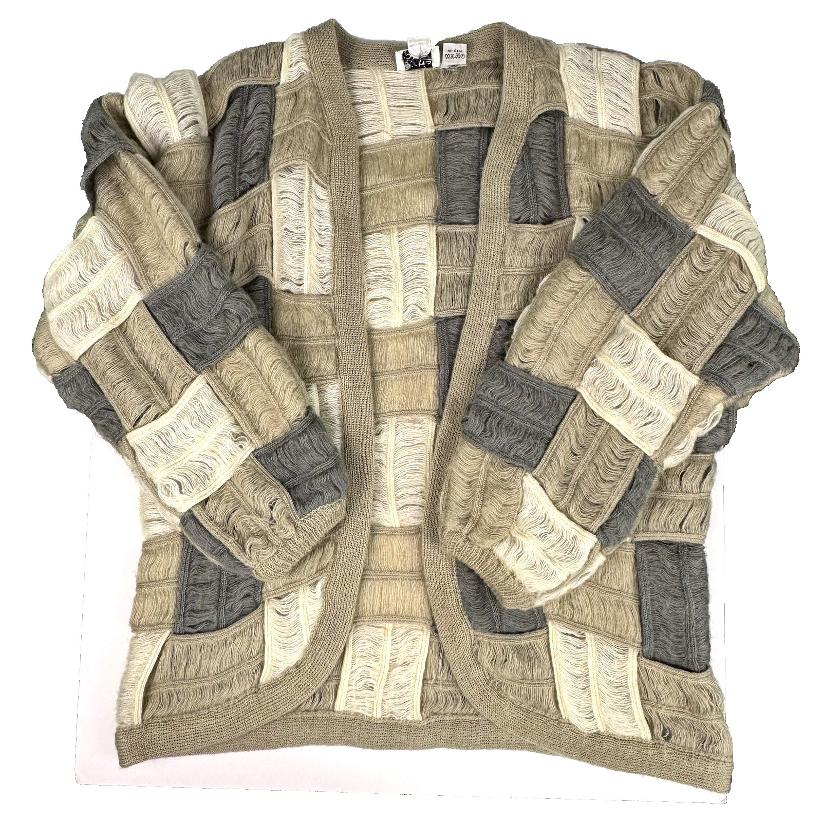 Textured Cardigan Sweater Mohair Patchwork Neutrals Vtg 80s Women Sz M Quiet Lux