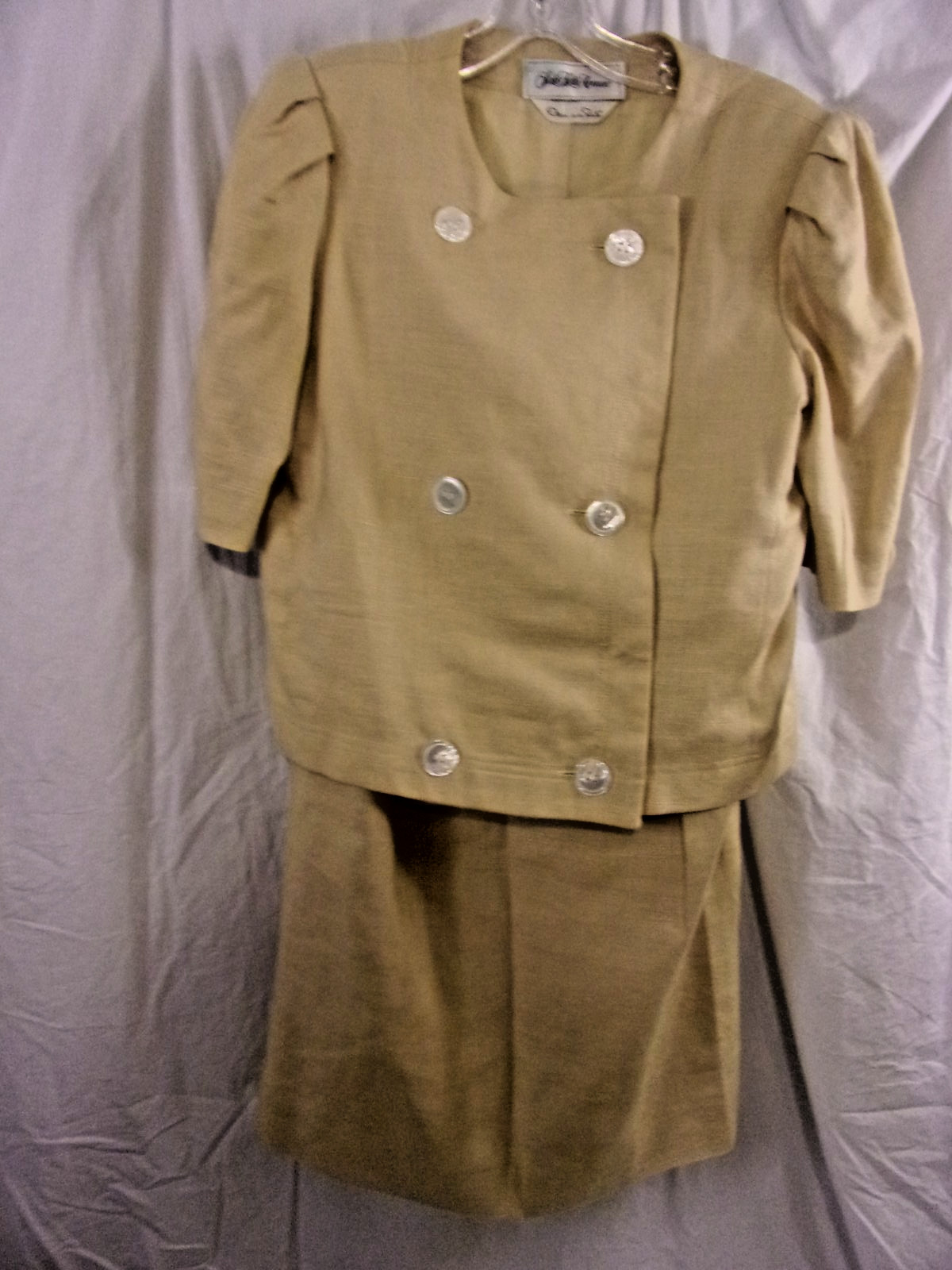 Vintage Oscar De La Renta For Saks Tan Linen Skirt Suit 12 Classic Short Sleeve