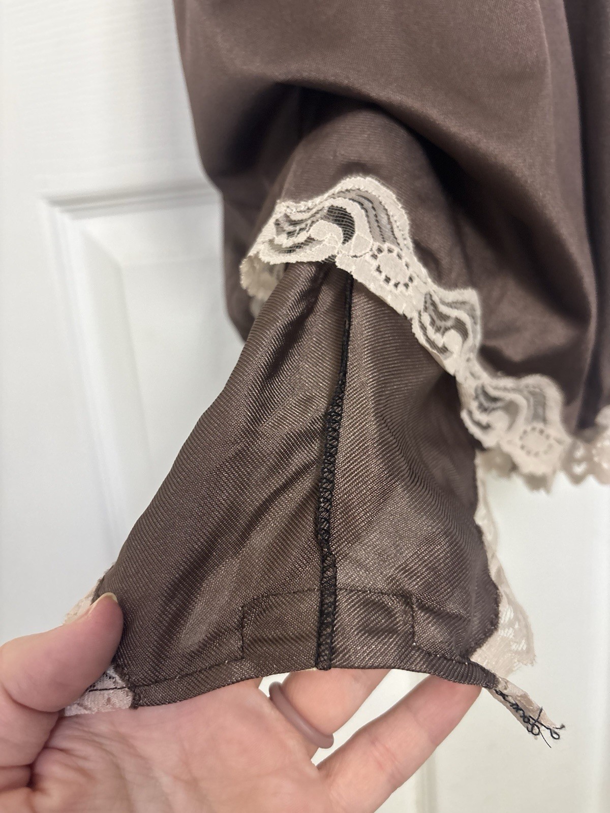Vtg 70s 80s Chocolate Brown Lace Trim Teddy Romper Lingerie 38 Nylon USA