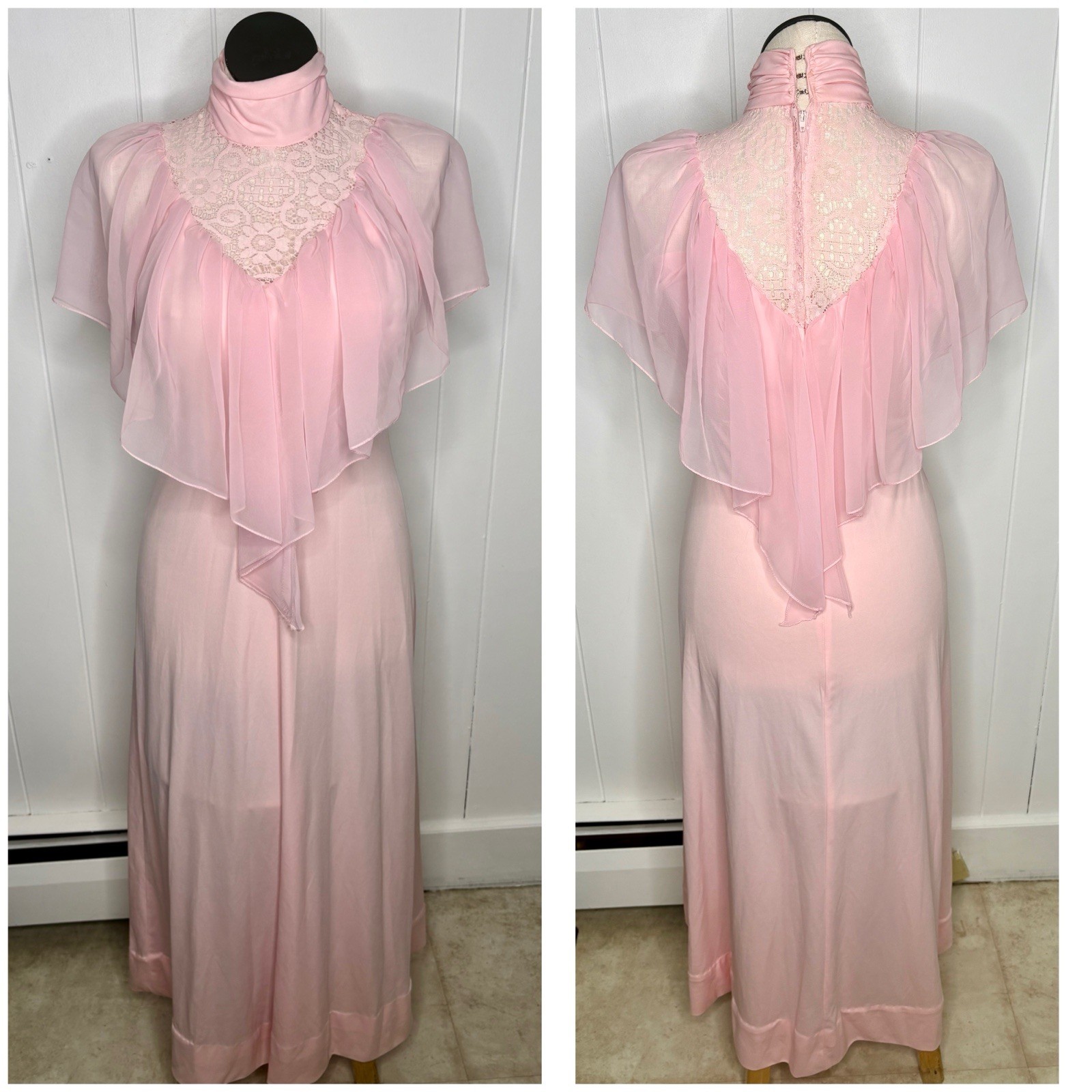 VINTAGE 1970s Flutter Pink Maxi Dress Lace Romantic Union Made Cottagecore 70’s
