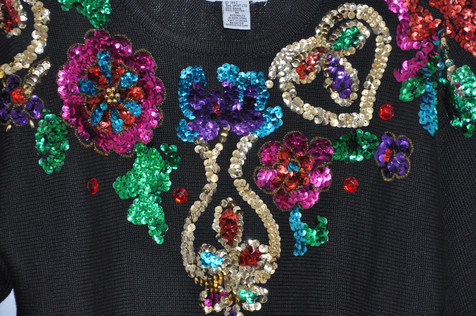 Vintage SML Glitz 80s Black Knit Sequin Glam Cotton Blend Sweater Sz M
