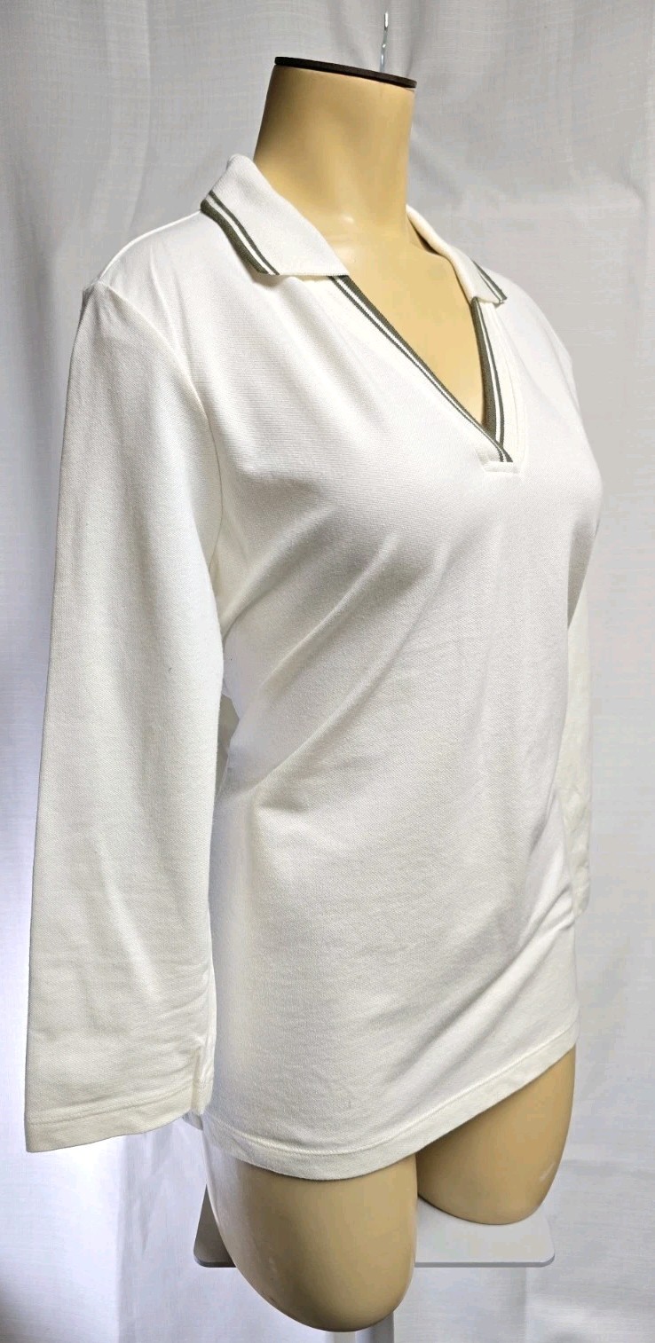 Vtg Woman’s Ralph Lauren V-Neck Polo Shirt Top Beige Green Crested Sz L
