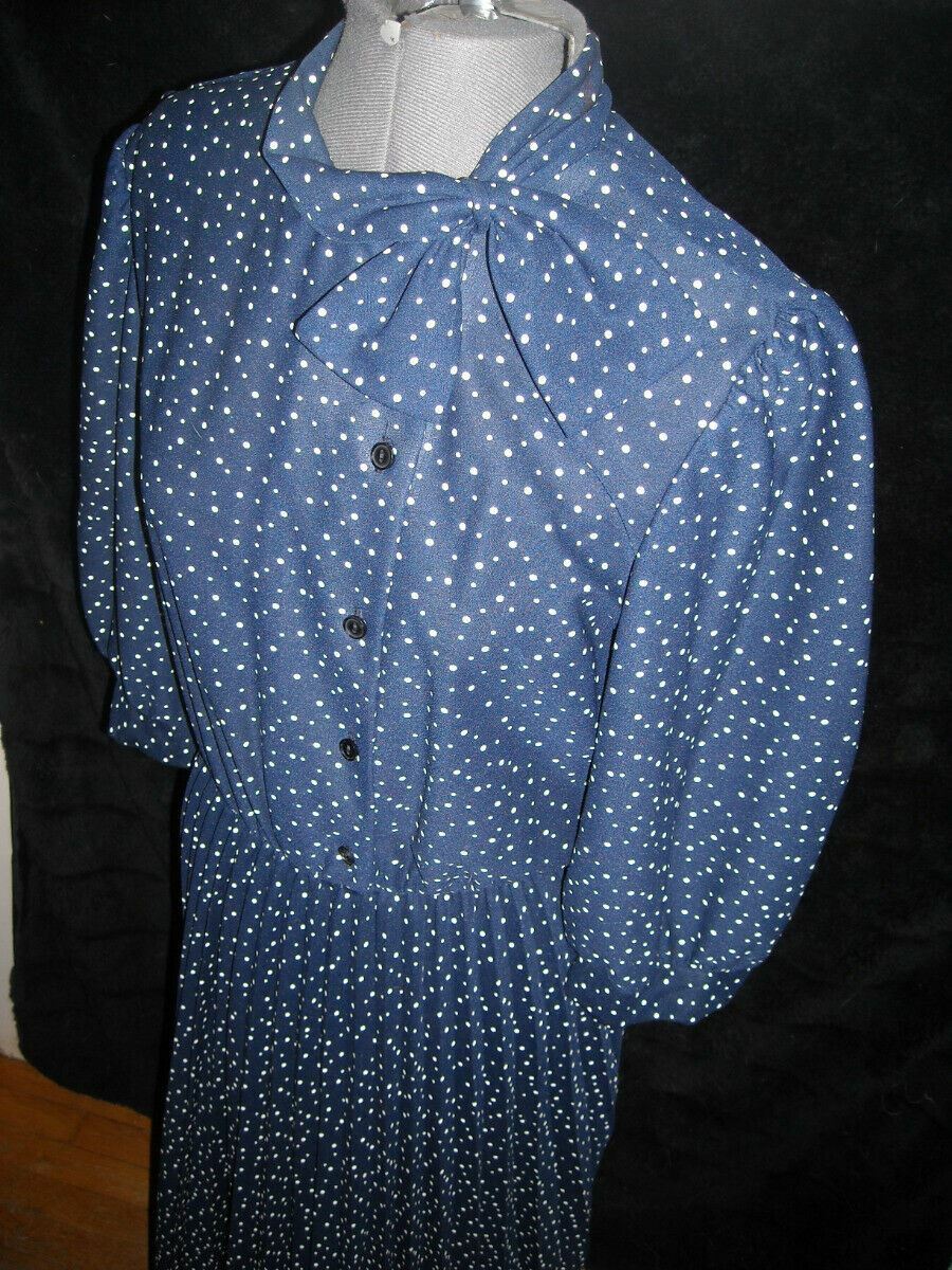 VTG 60S WOMENS 12 BLUE POLKA DOT PRINT 40S 50S STYLE SECRETARY POLYESTER DRESS