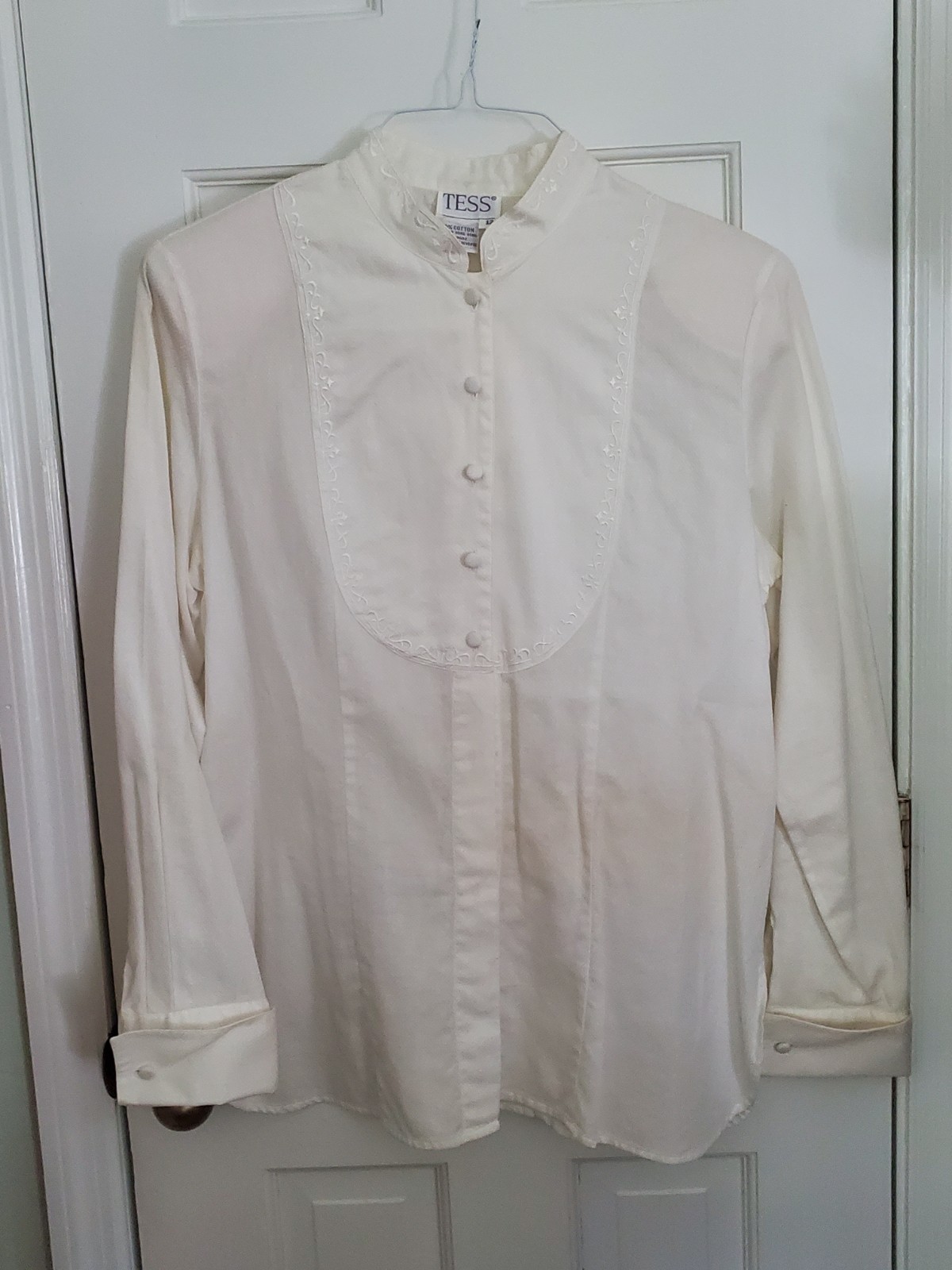 Vintage Tess White Cotton Blouse Top, Embroidered with Covered Buttons, Size 12