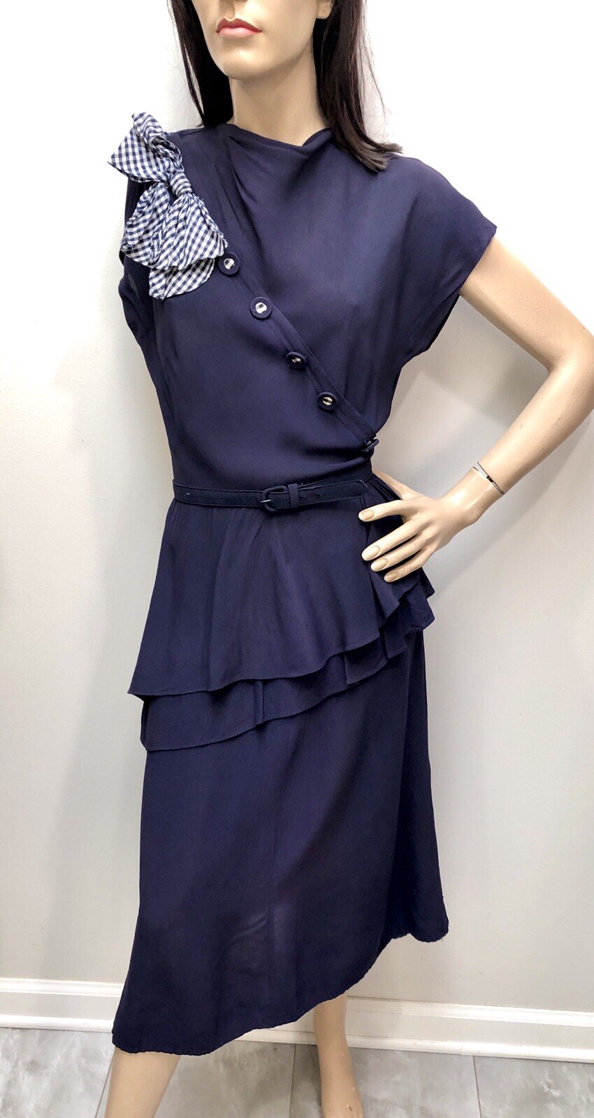 VTG 1940s Rayon Crepe ASYMMETRIC Waterfall PEPLUM Swing Dress *GINGHAM Accents