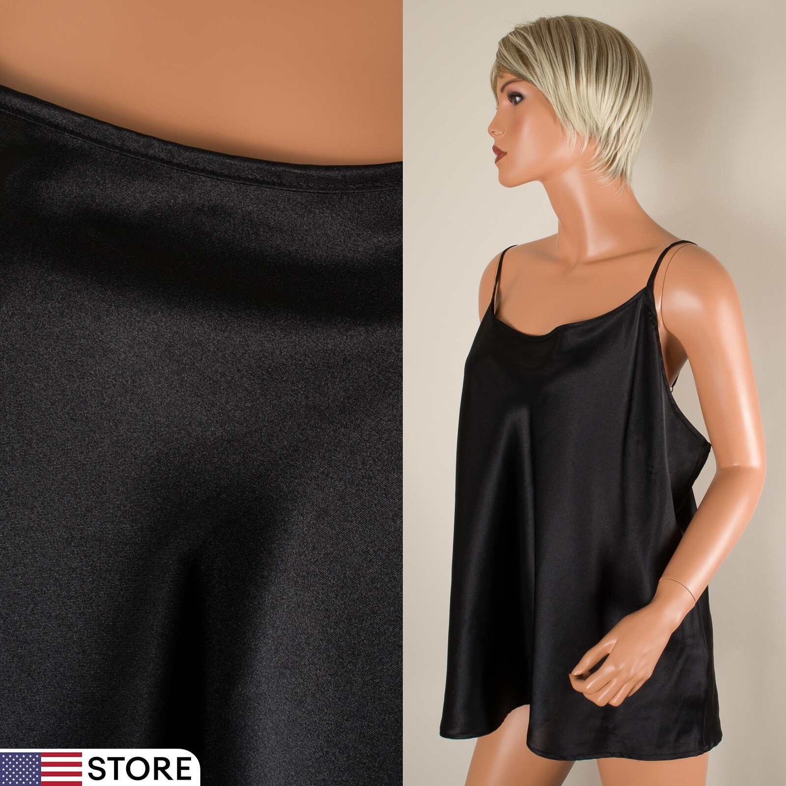 💖 COVINGTON Woman Plus 24-26 Black Satin Stretch Cami Tank Top Spaghetti Strap