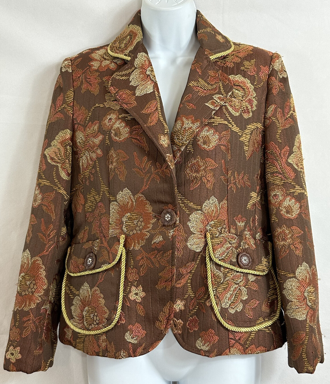 Vintage Ninety Sz 4 Floral Tapestry Woven Blazer Jacket Faux Diamond Buttons Pkt