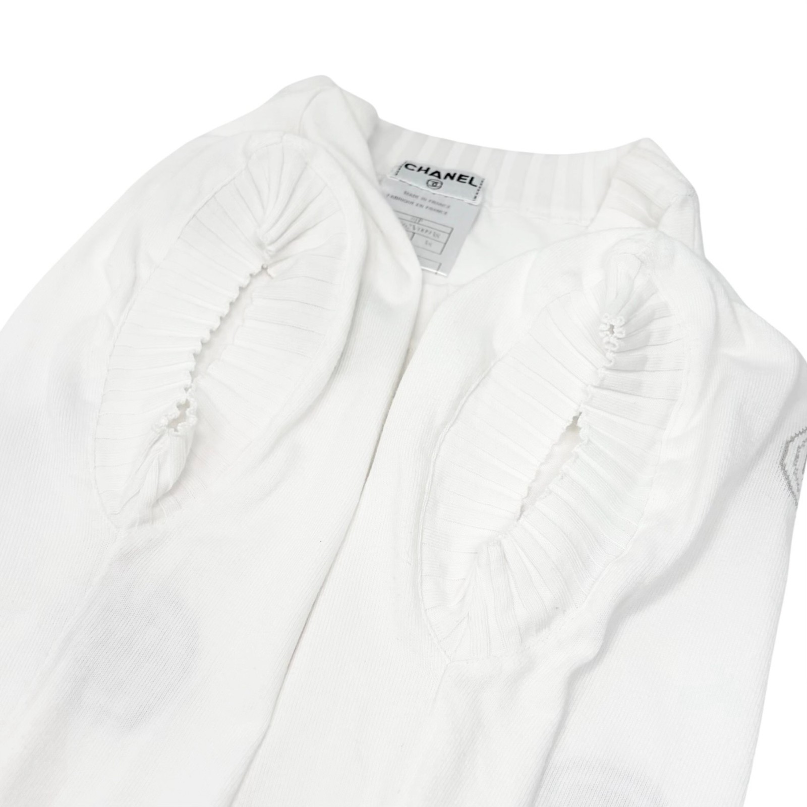 CHANEL Vintage 01P CC Logo Stamp Logo Knit Shirt Top #38 White Greige 901829