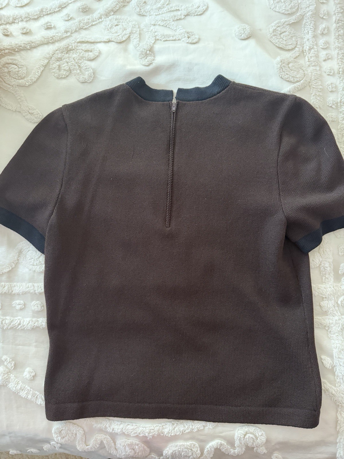 VTG St John Santana Knit Top Mock Neck Pullover LARGE Short Sleeve Brown Black