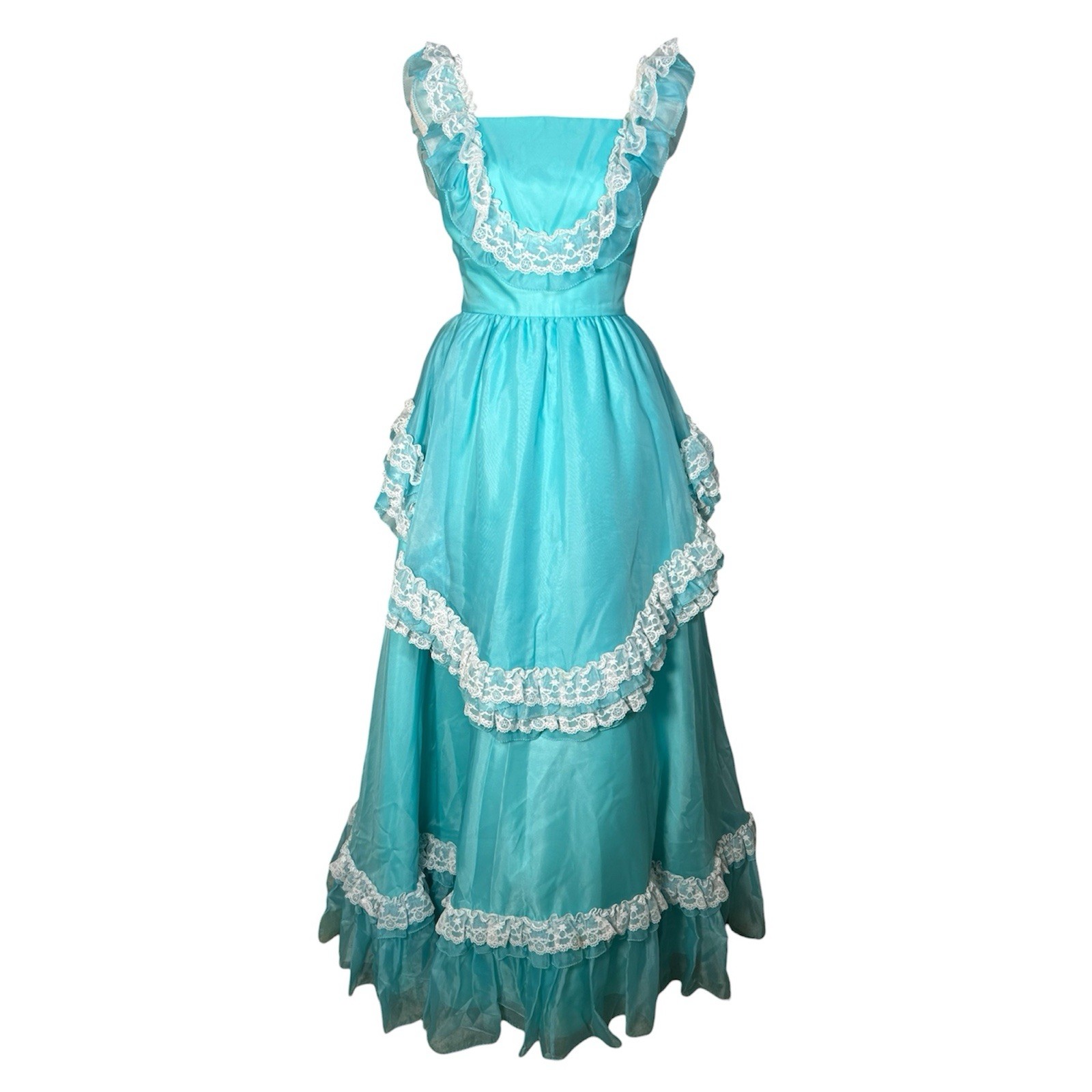 VTG 70s/80s Mike Benet Southern Belle Prairie Aqua Lace Organza Maxi Dress Sz S
