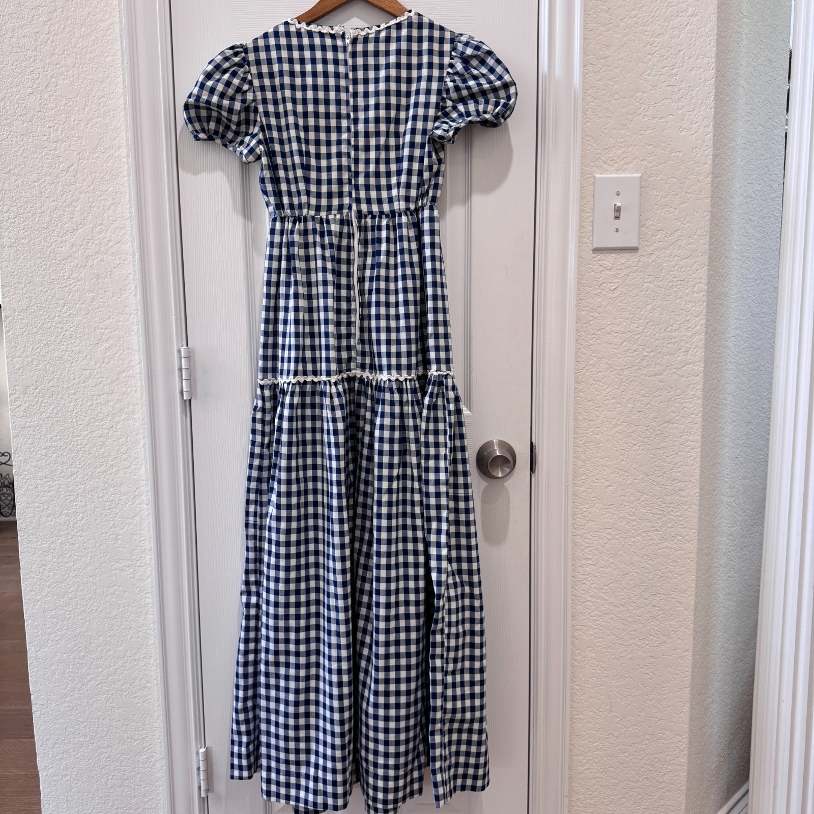 Vintage Handmade Blue White Gingham Prairie Maxi Dress Puff Sleeve XS 70s Style