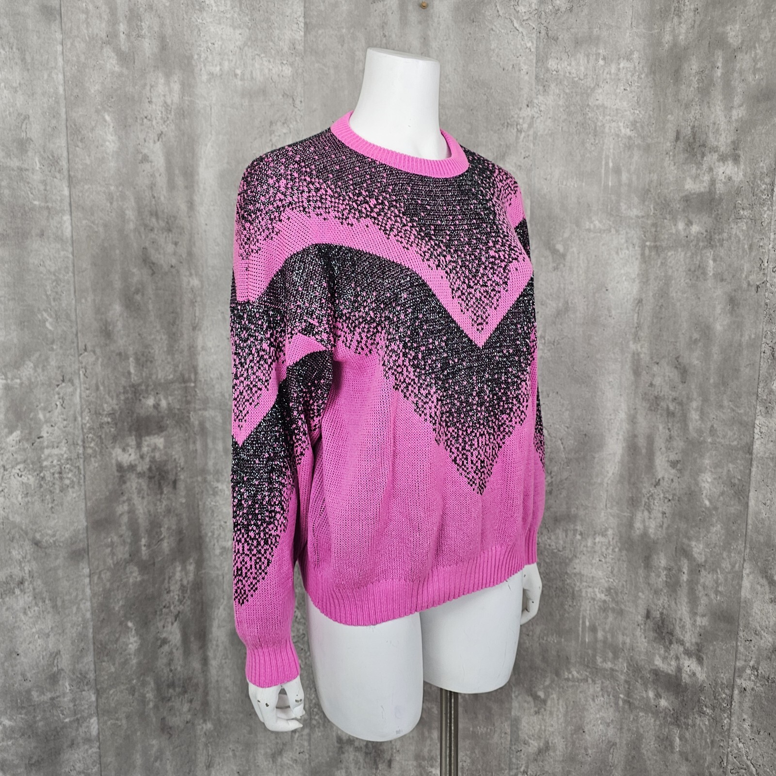 Vintage 80s 90s Metallic Black Hot Pink Polyacry Knit Pullover Sweater Glam
