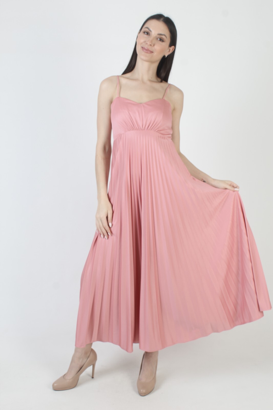 Vtg Pink Grecian Goddess Dress Salmon Spaghetti Strap Pleated Disco Dancing Gown