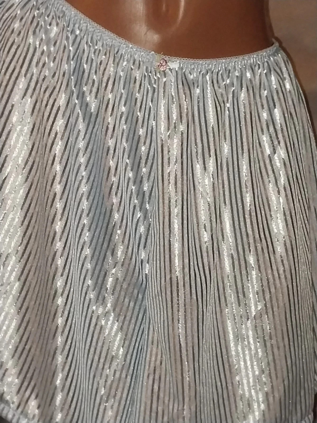 VTG SILKY BABY BLUE SHINY STRIPES LACE PANTIES BLOOMERS BLOUSE SLEEP SHIRT 48″