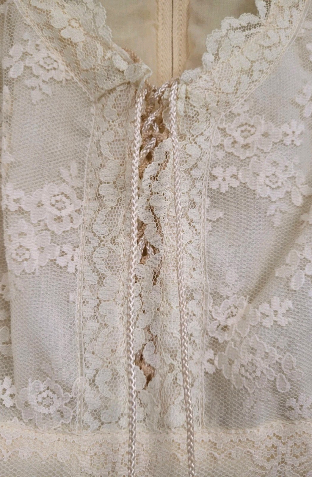 VINTAGE GUNNE SAX DRESS 70s IVORY LACE UP CORSET BOHO BRIDAL MAXI SIZE 11 S/M
