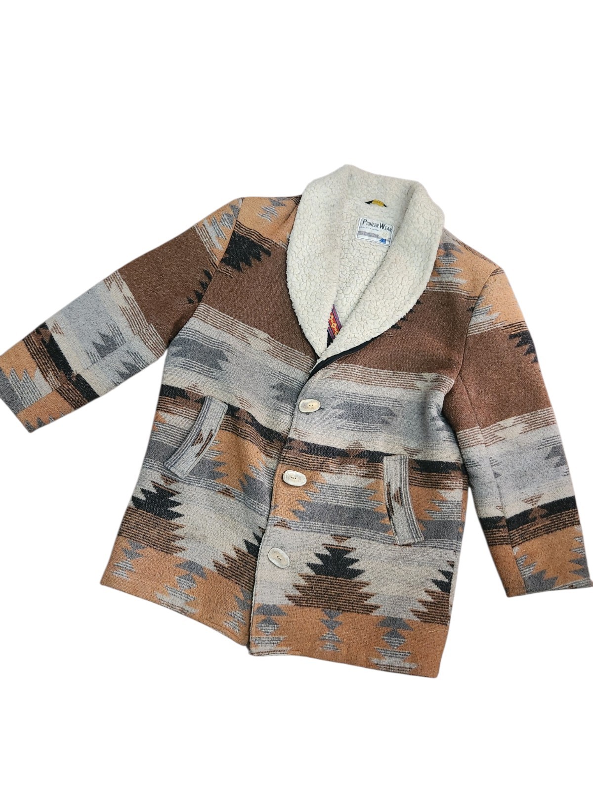 Vintage Pioneer Wear Chore Coat L XL USA Santa Fe Aztec Sherpa Lined Wood Button