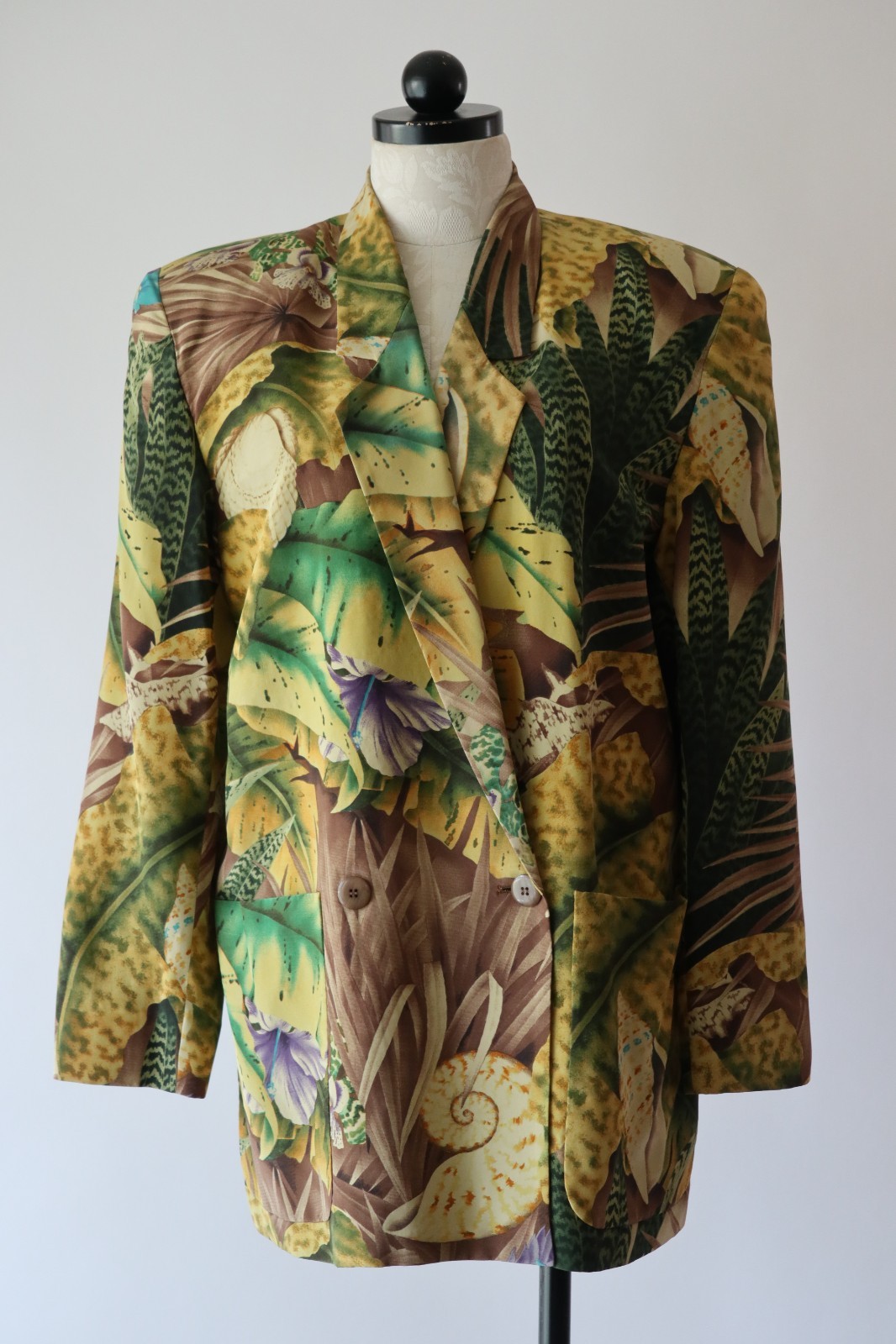90s Linda Allard Green Brown Silk Tropical Seashells Oversized Blazer Women S M