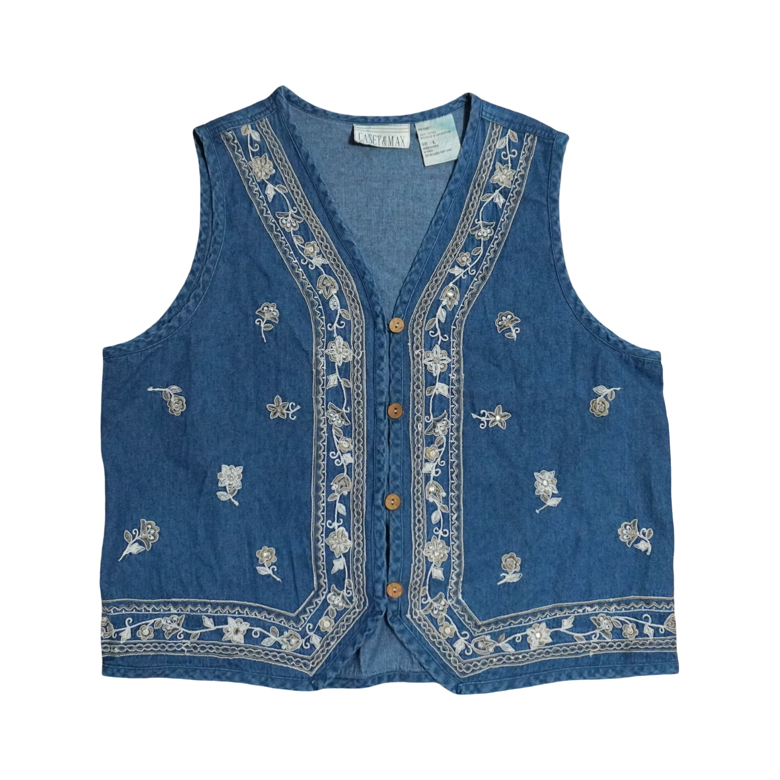 NWT Vintage 1990s Women’s Large Casey & Max Embroidered Denim Button Up Vest