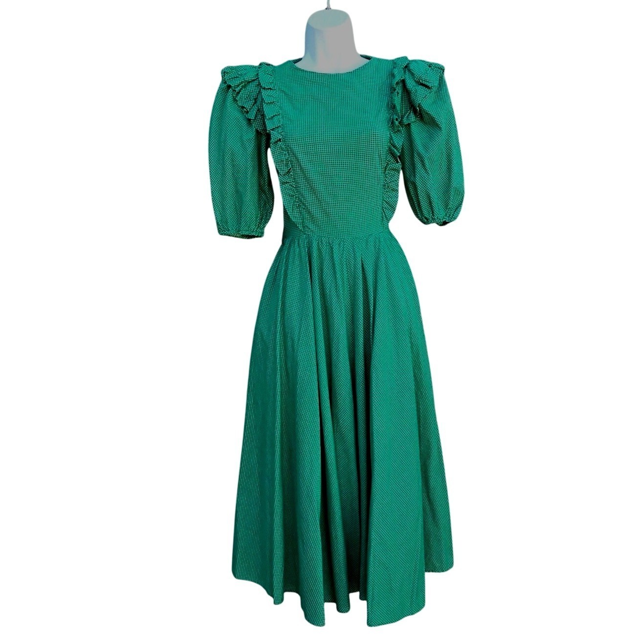 1980s Belle France Kelly Green Prairie Dress Cotton Ruffle Midi Union Label S