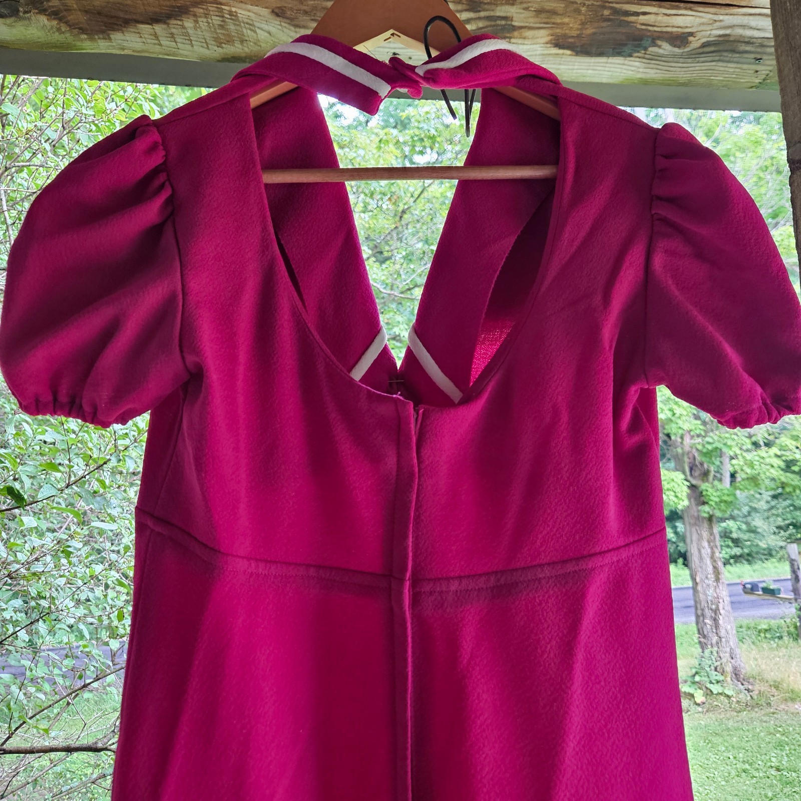 VTG Handmade Fuchsia Maxi Dress Rhinestone Heart Brooch Puff Sleeve OOAK