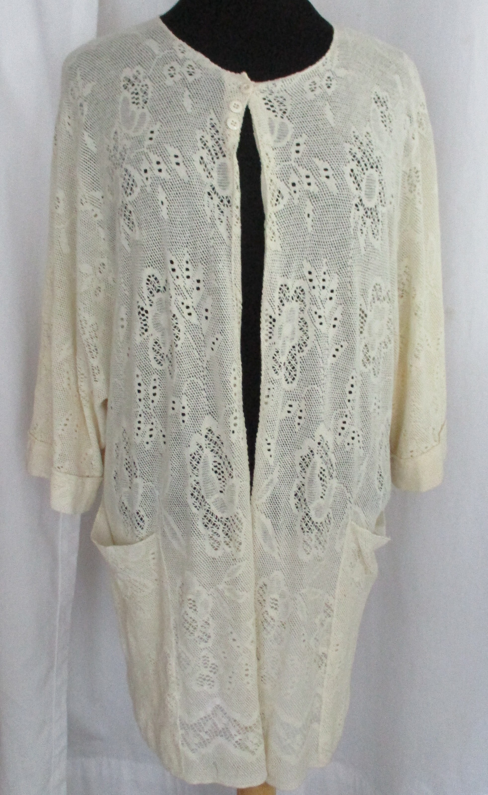 VTG Lace MED Crocheted Open Front Jacket Light Coverup w/ Pockets Made in France