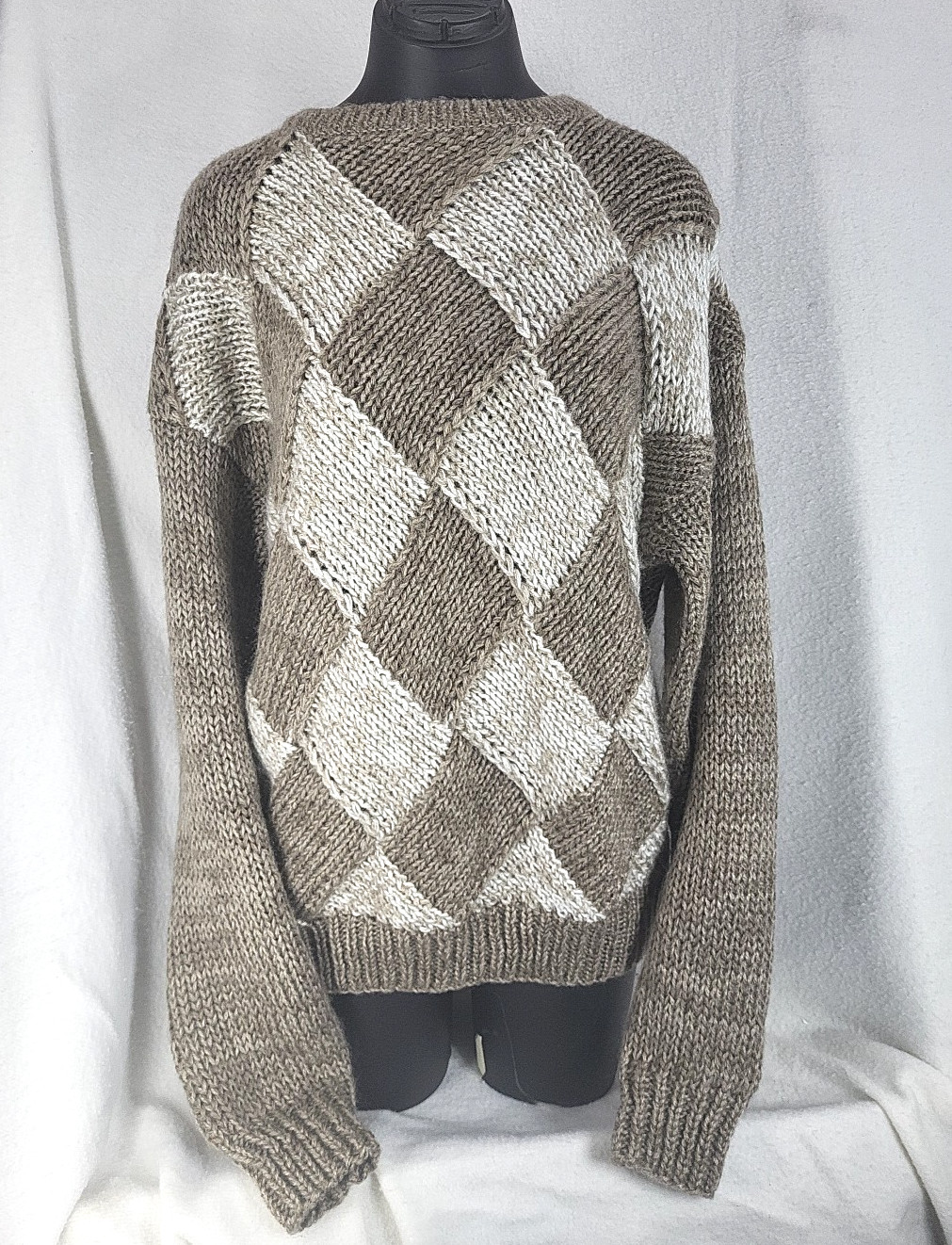 Vintage 80s Forum Sweater Women’s Large Chunky Knit Argyle Cozy Coastal Brown