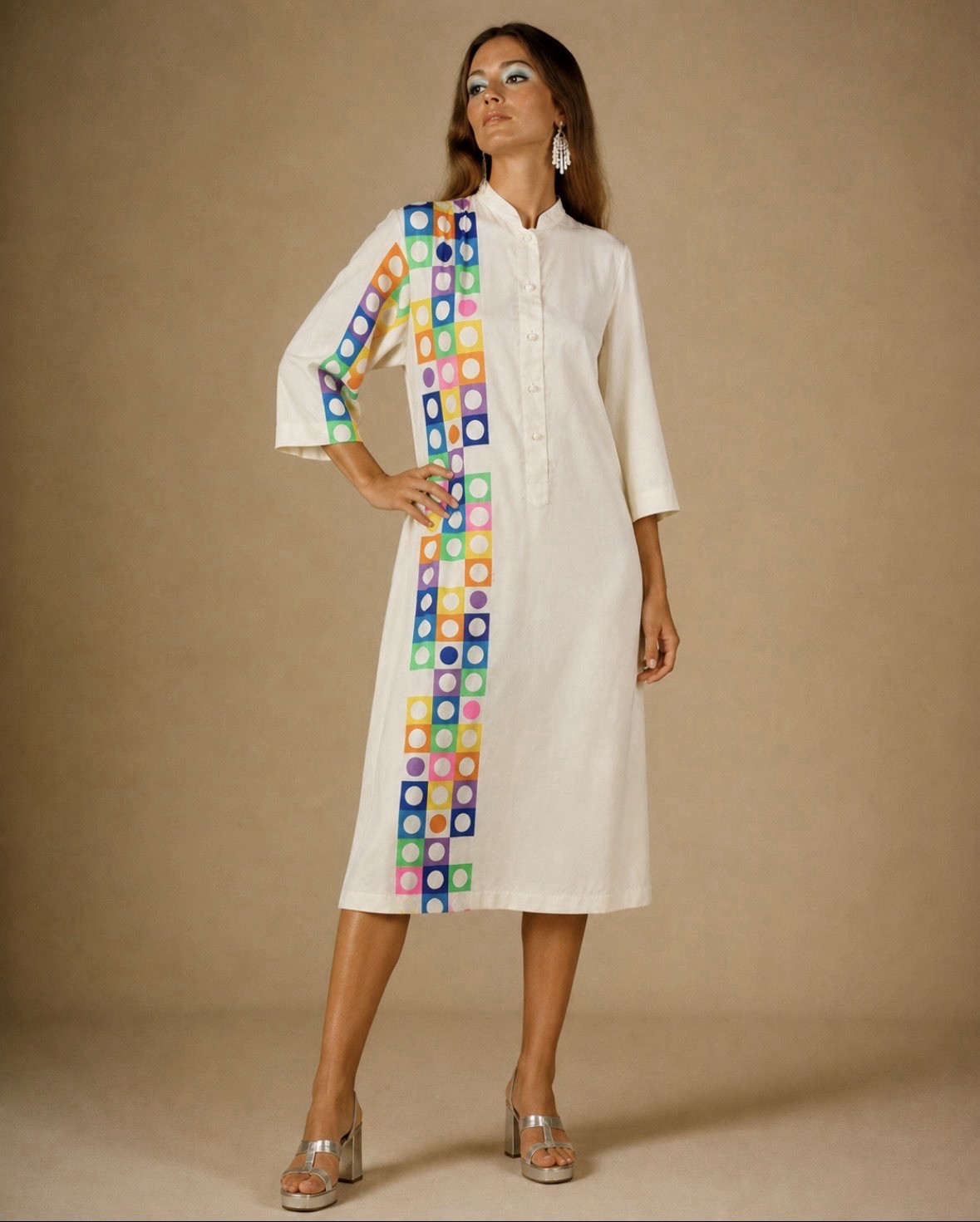 Vintage 1970s CATHERINE OGUST S White/Mod Colorful Dots Caftan Tunic Dress