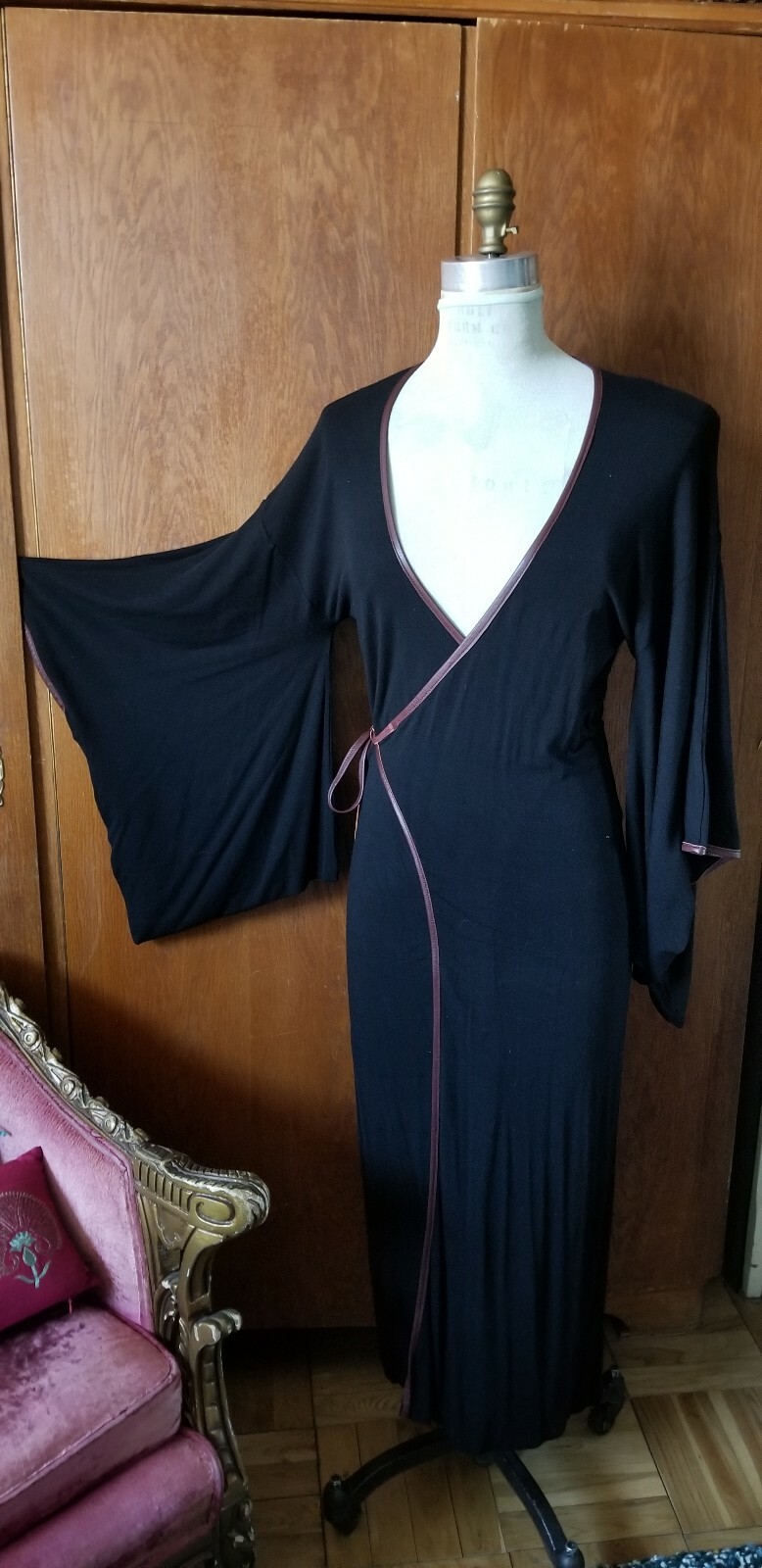 Japanese style Kimono dress Vintage black Cotton lycra Jersey dress/robe size 8