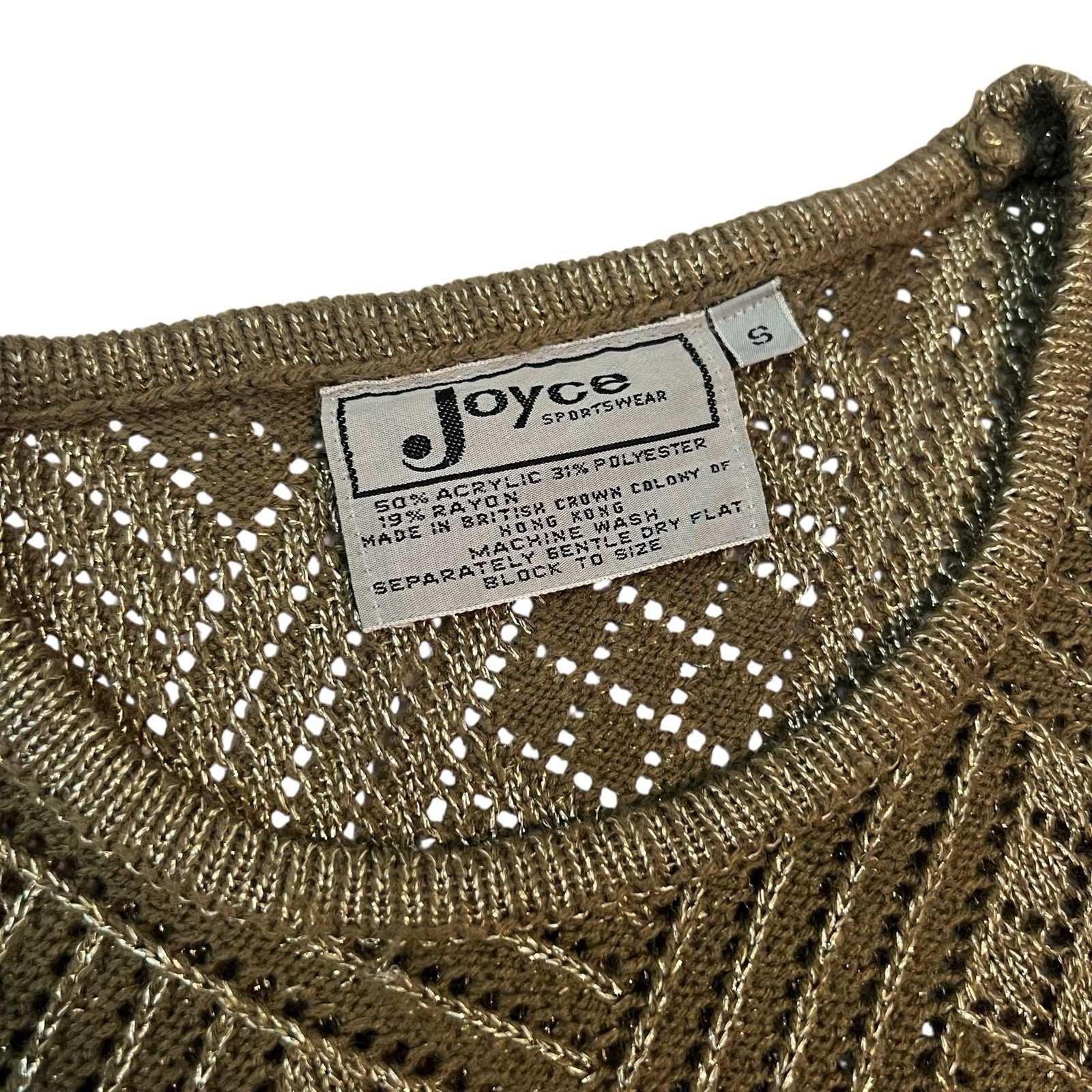 VTG Joyce Sportswear Gold Tinsel Knit Sweater Hong Kong Woven Metallic Geometric