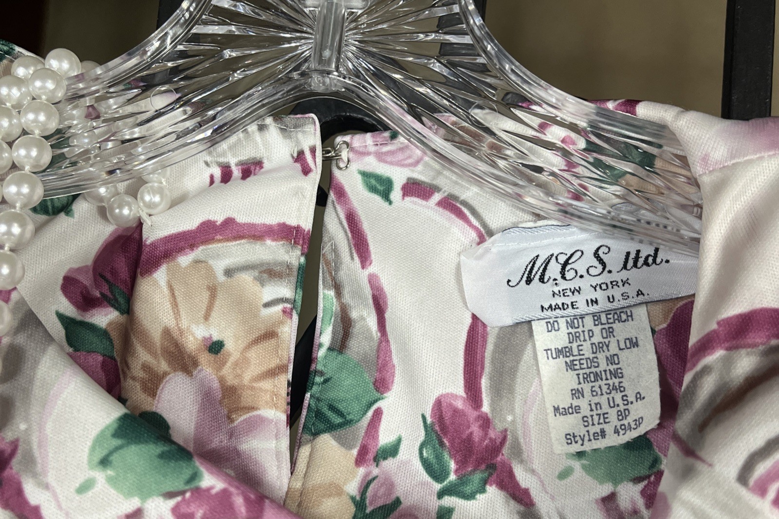 NWT VTG MCS Ltd New York Floral Blouson MIDI Dress Women’s 8P W/Faux Pearls 80’s
