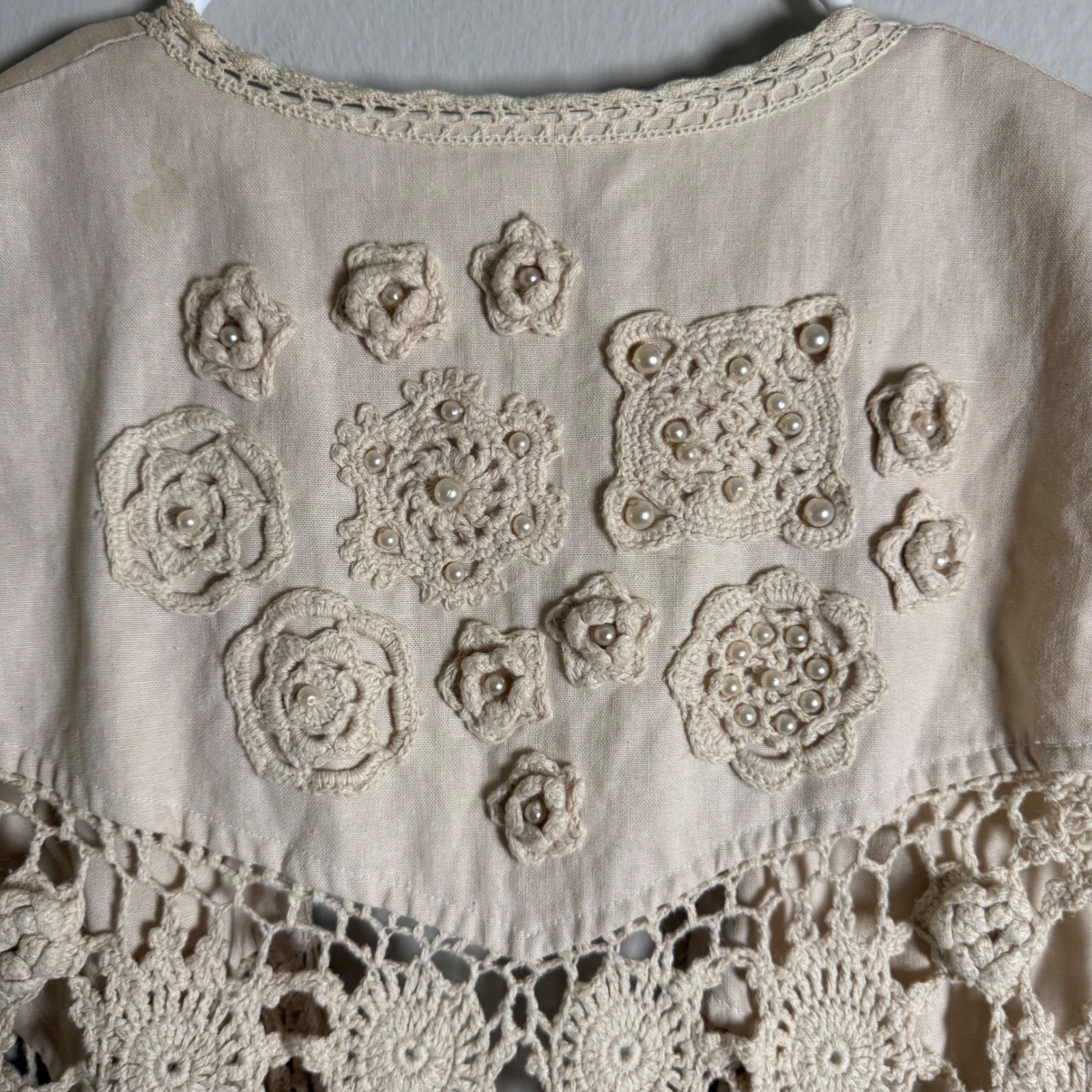 Vintage Kathryn Deene Katy D Crochet Vest Cream Floral Pearl Embellished Boho