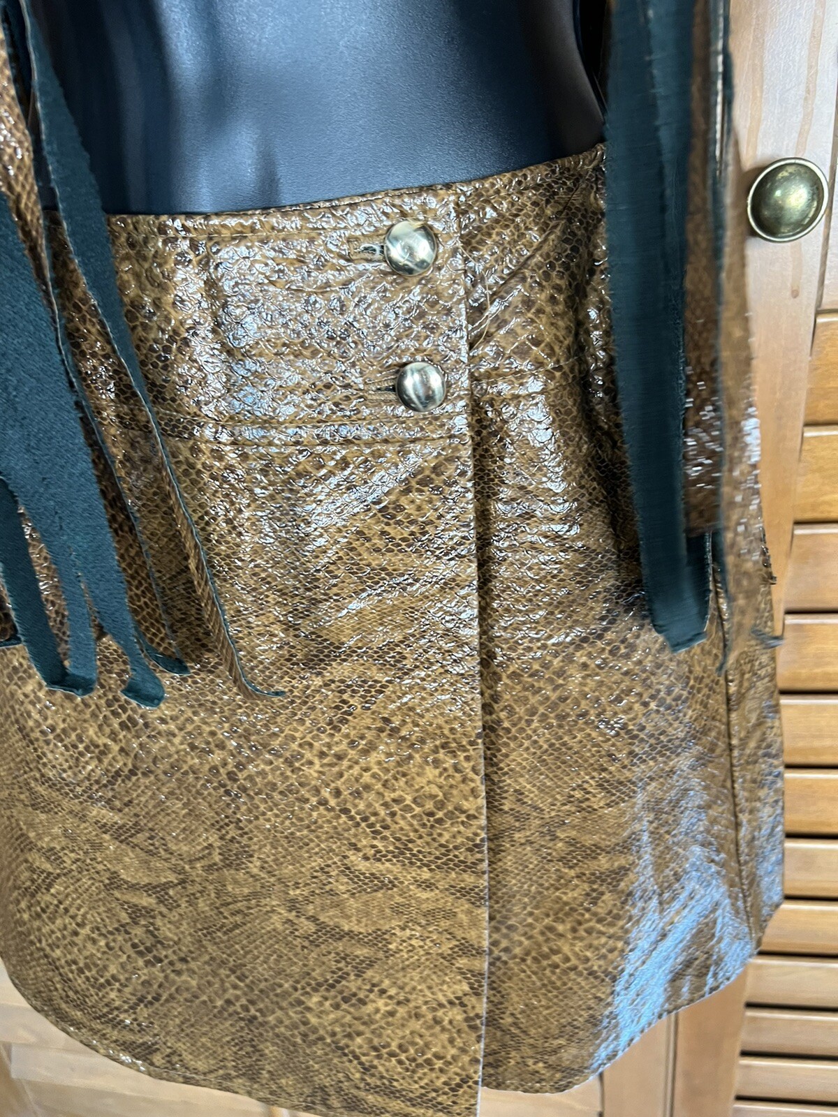 Vintage 60s Snake Leather Fringe Set Mini Skirt Cropped Top GOGO Goth Mod RARE