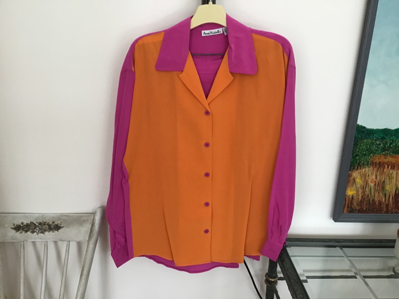 Vtg ANNE KLEIN II Silk Blouse Size 6 Skirt Size – 8 Hot Pink Orange Color Block