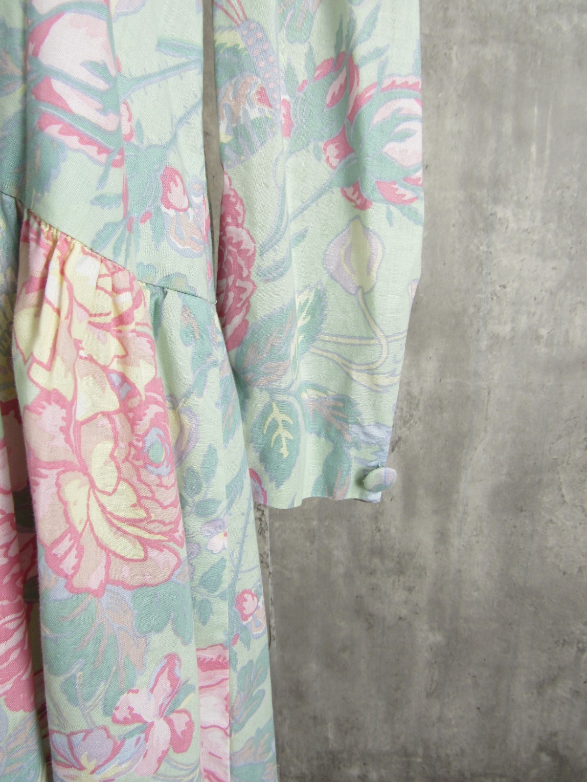 Vintage 80s Floral Drop Waist Light Green Tea Garden Midi Dress Cotton XL 2XL