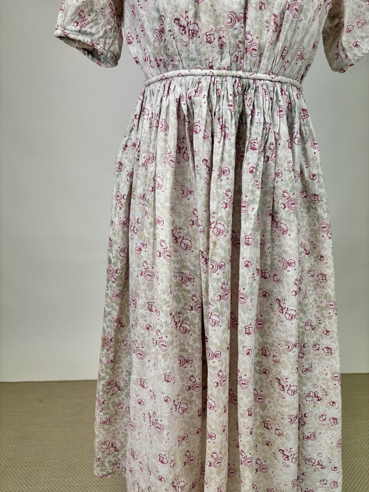 Vintage 1910s Childs Dress Short Sleeves Floral Print Pink Beige Soft Green