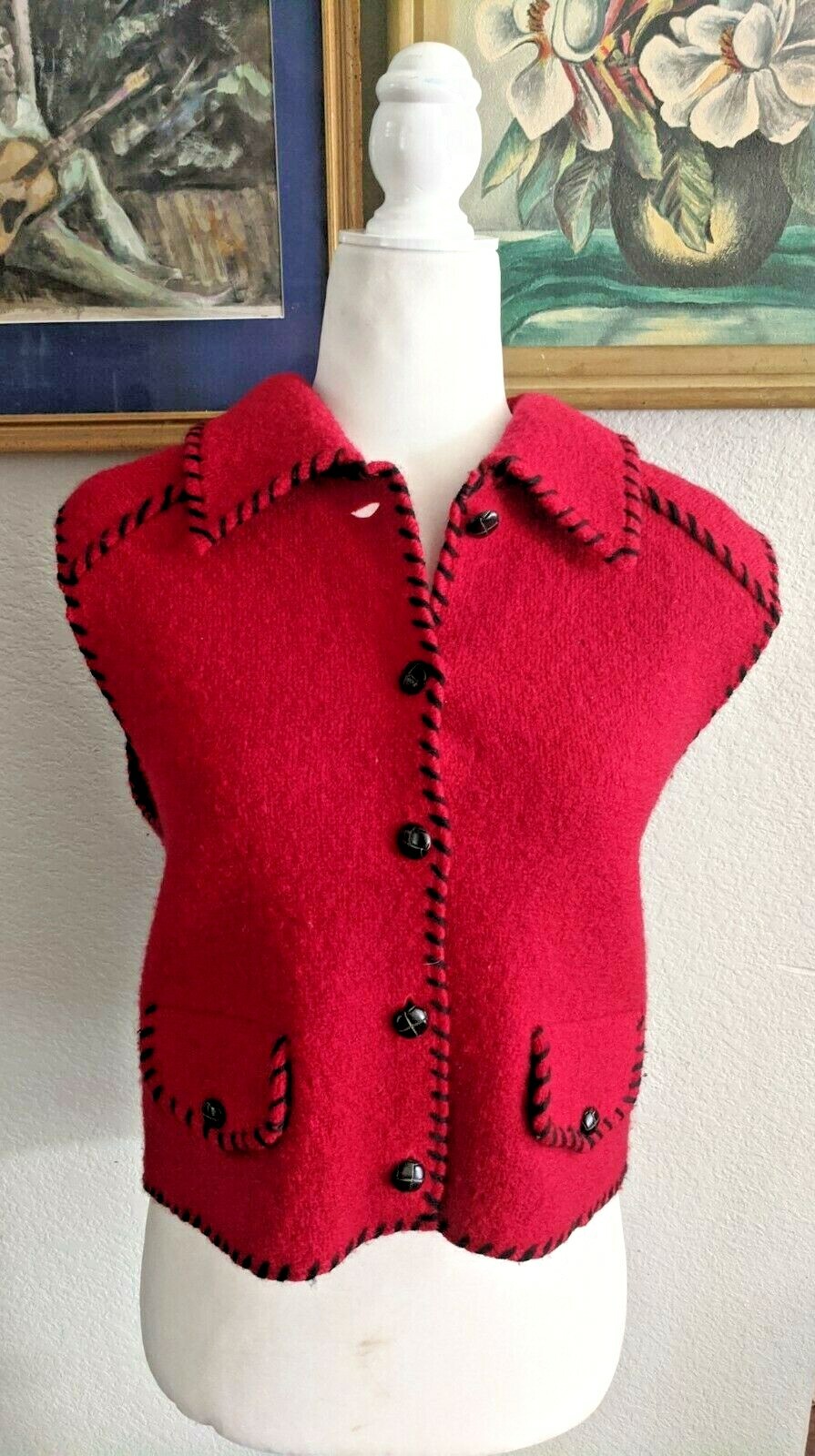 VTG Cambridge Dry Goods Sz Small S Red w/ Embroidery Vest 100% Boiled Wool