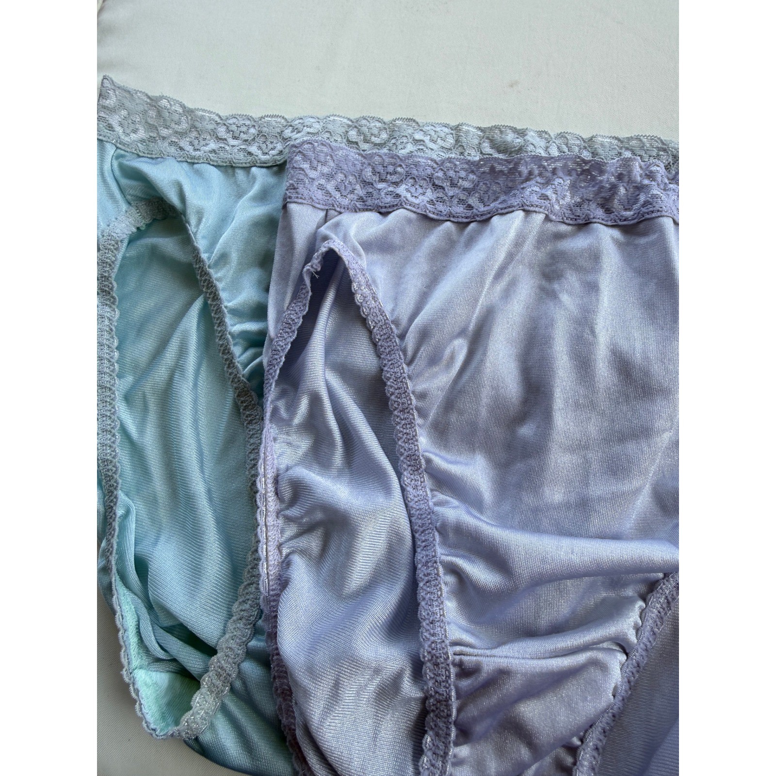2 Vintage 80’s Fruit of the Loom High Cut Brief Panties Lace Trim Purple Blue