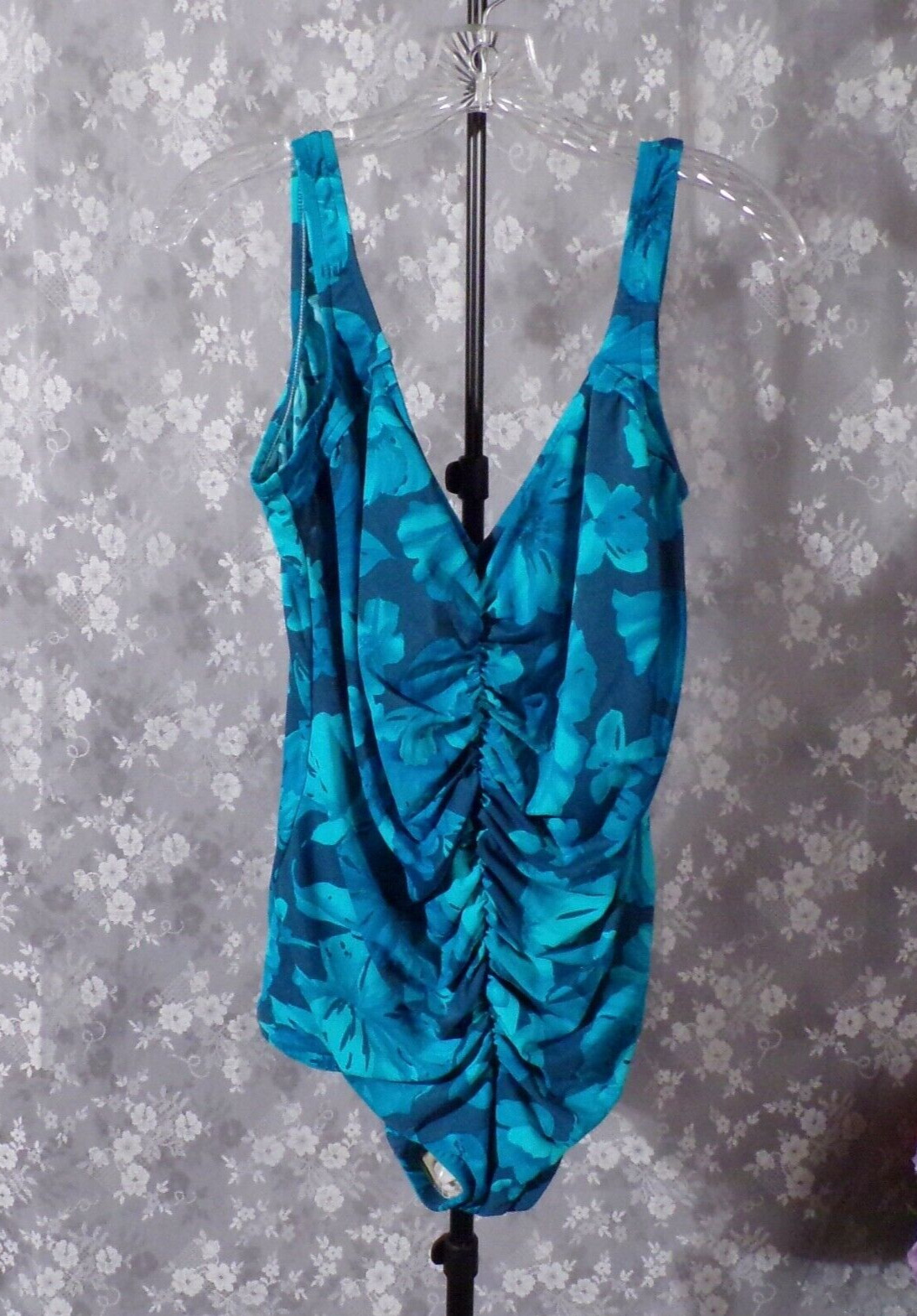 Vintage 80s Floral Swimsuit Size XL 1980s Retro Blue Tropical Ruched One Piece
